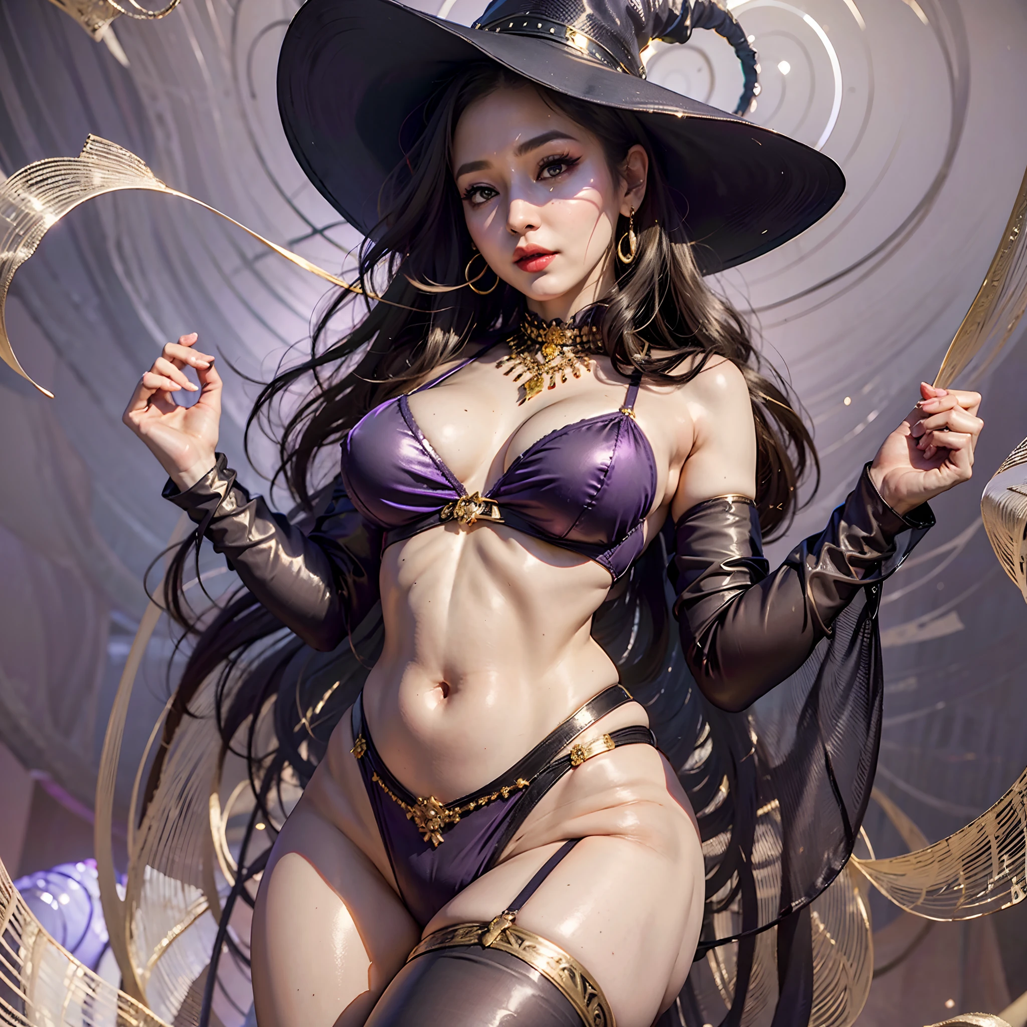 Her long, flowing locks cascade in silky waves, shimmering with shades of deep purple and midnight black. The hair falls seductively around her shoulders, accentuating the graceful curves of her body. With each movement, her hair dances in the air, as if spellbound by her enchanting presence.
Her outfit exudes an intoxicating allure. She wears a lacy, purple bra that highlights her ample curves and accentuates her feminine charm. The intricate details of the bra entwine her body like ethereal vines, teasingly revealing glimpses of tantalizing skin.
Matching purple stockings adorn her shapely legs, reaching up to her mid-thigh, drawing attention to their flawless contours. The stockings cling to her skin like a second layer, emphasizing her alluring silhouette and hinting at the secrets hidden beneath.
Perched atop her head is a traditional witch hat, a timeless symbol of her magical powers. The hat is a deep, velvety purple, adorned with a wide brim and a pointed tip that adds an air of mystery. Delicate silver embellishments and feathers decorate the hat, lending an enchanting touch to her appearance.
Her eyes, a mesmerizing shade of emerald green, hold a captivating gaze that seems to penetrate the depths of one's soul. Their seductive glimmer promises both mischief and desire, leaving anyone who meets her gaze entranced by her charm.
This hot and sexy witch embodies the perfect balance of magic and allure, casting spells not only through her enchantments but also through her captivating appearance. Her purple bra, stockings, and witch hat accentuate her seductive power, making her a bewitching presence in any setting.