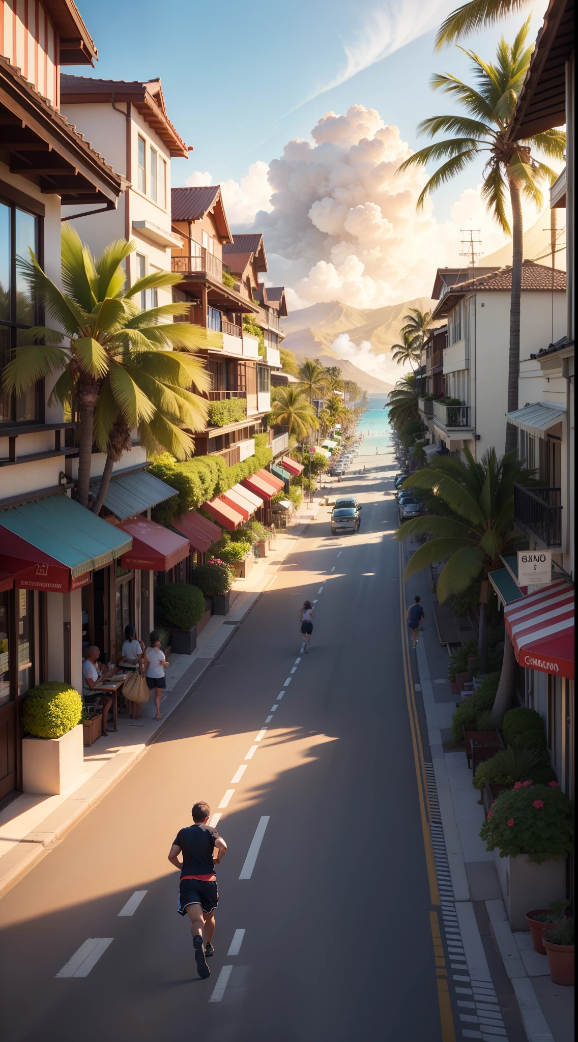 Hawaii Lahaina burning, painting view from the street, stores, galeries, restaurants, people running to the ocean water, in the morning, beautiful sky, style by christian lassen, Best quality, realistic, award-winning illustration in color, (complicated detail: 1.2), (fine detail) christian lassen style