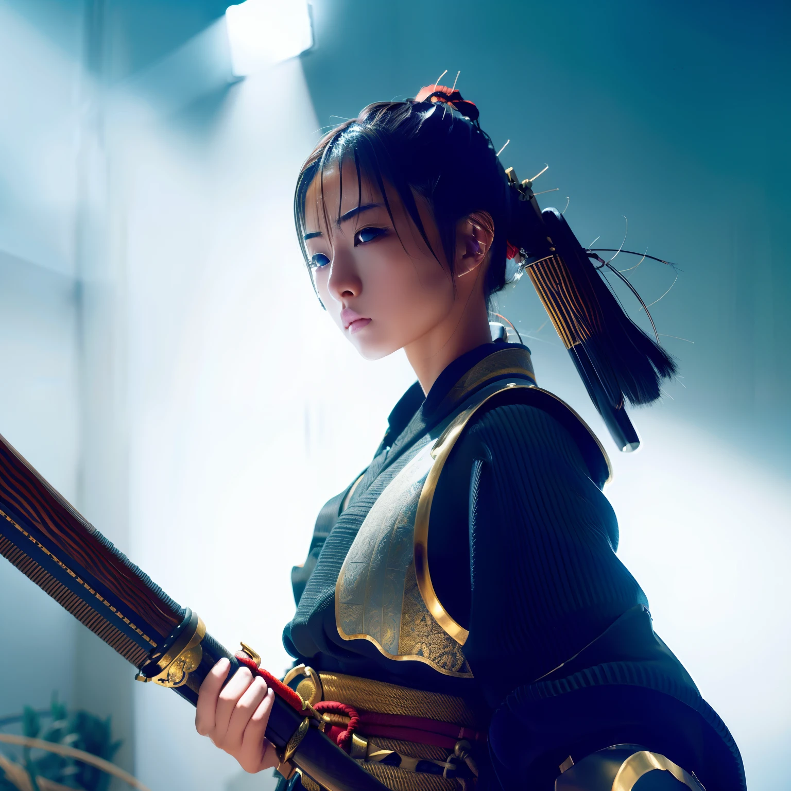 "Samurai sword girl in a high-detailed and visually stunning scene with dynamic lighting, showcasing her expertise in wielding the sword. The atmosphere should evoke a sense of power and elegance.