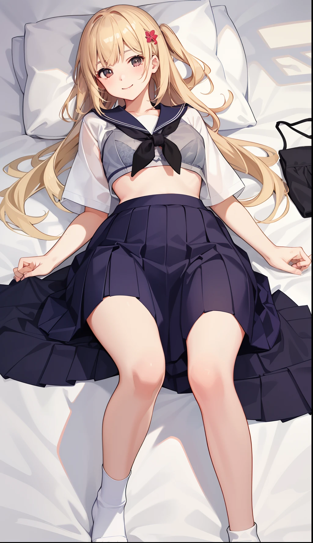 1girl in、A smile、The shirt、skirt by the、(small tits)Chilarism、Japan High School Student Uniform、serafuku、summer clothing、(Sheer Bra)、Upper body portrait、blonde hair、s asleep、Sleeping in large letters、