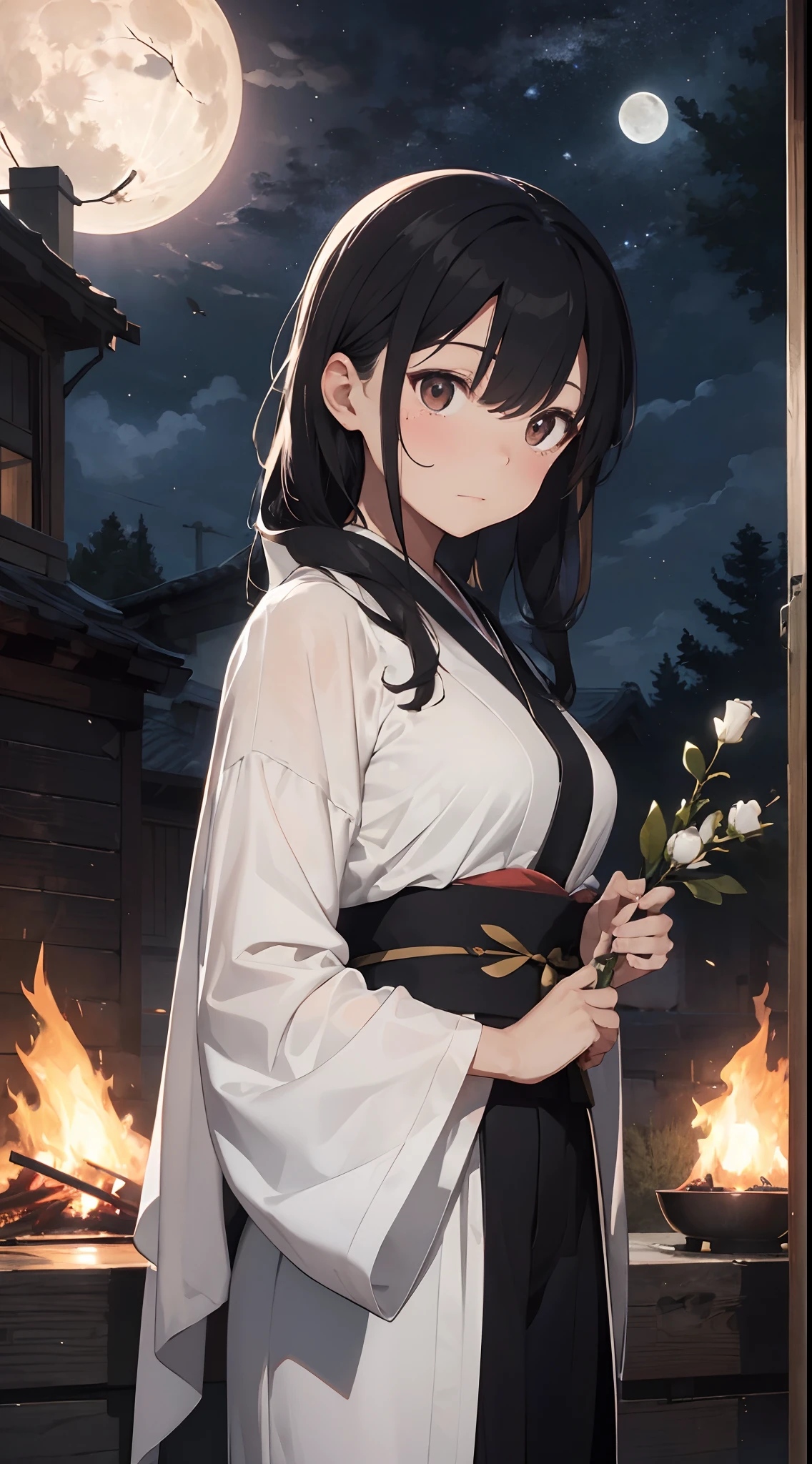 (welcoming fire: 1.8), Figure: woman in white kimono and black haori, hair long and black and tied back, face sad and tearful, white bouquet in hand Background: full moon shining in the night sky, bonfire burning on the mountain, firelight illuminates woman's figure, dark and quiet surroundings Emotion: The woman is thinking of the departed; her kimono and bouquet of flowers are white, the color of mourning; the moon and firelight express loneliness and sadness.