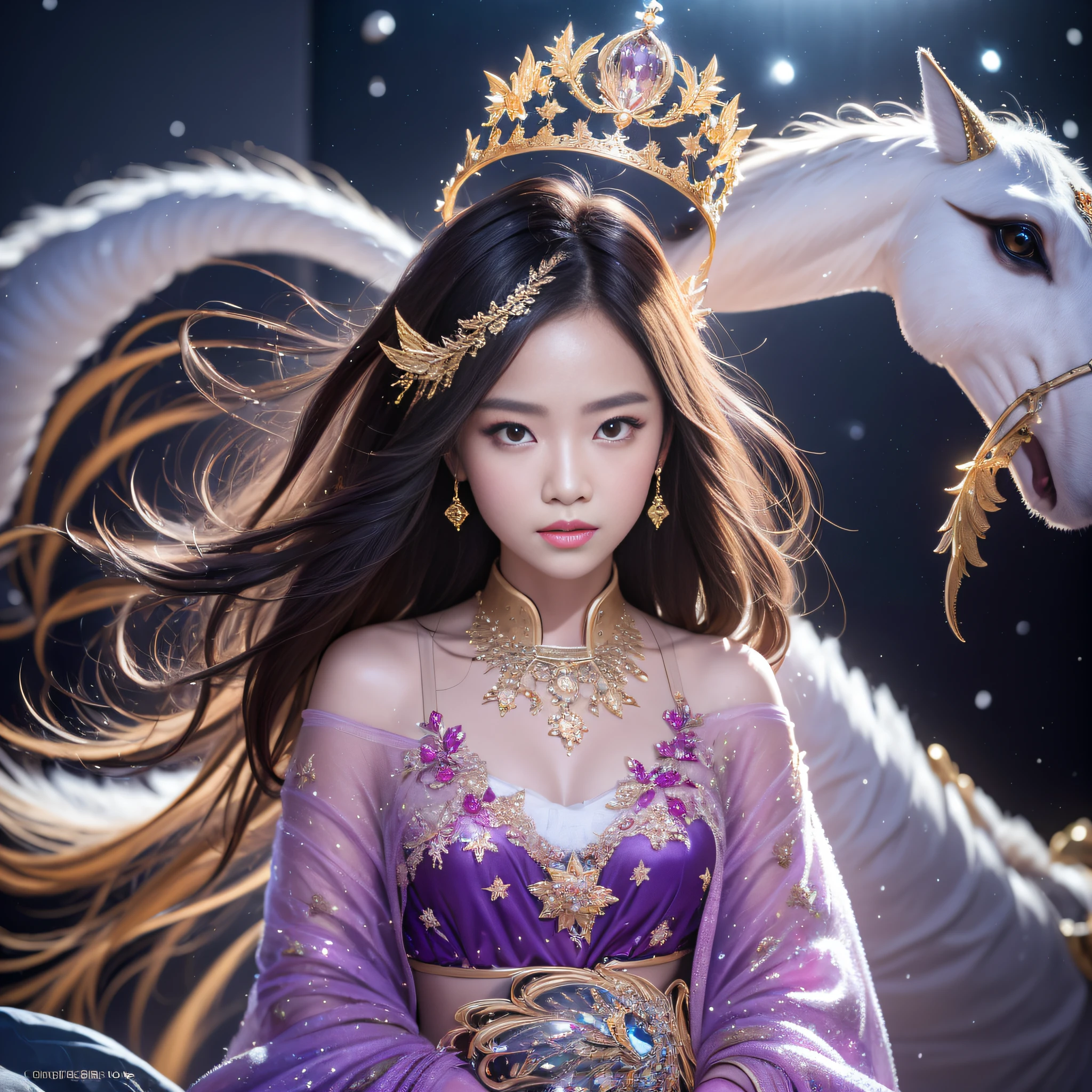 32K(tmasterpiece,k hd,hyper HD,16k)Flowing short hair,Backroom pond,Little Snow Girl ,Unicorn protector (realisticlying:1.4),Python pattern robe,Purple-pink tiara,Snowflakes fluttering,The background is pure, A high resolution, the detail, RAW photogr, Sharp Re, Nikon D850 Film Stock Photo by Jefferies Lee 4 Kodak Portra 400 Camera F1.6 shots, Rich colors, ultra-realistic vivid textures, Dramatic lighting, Unreal Engine Art Station Trend, cinestir 800,