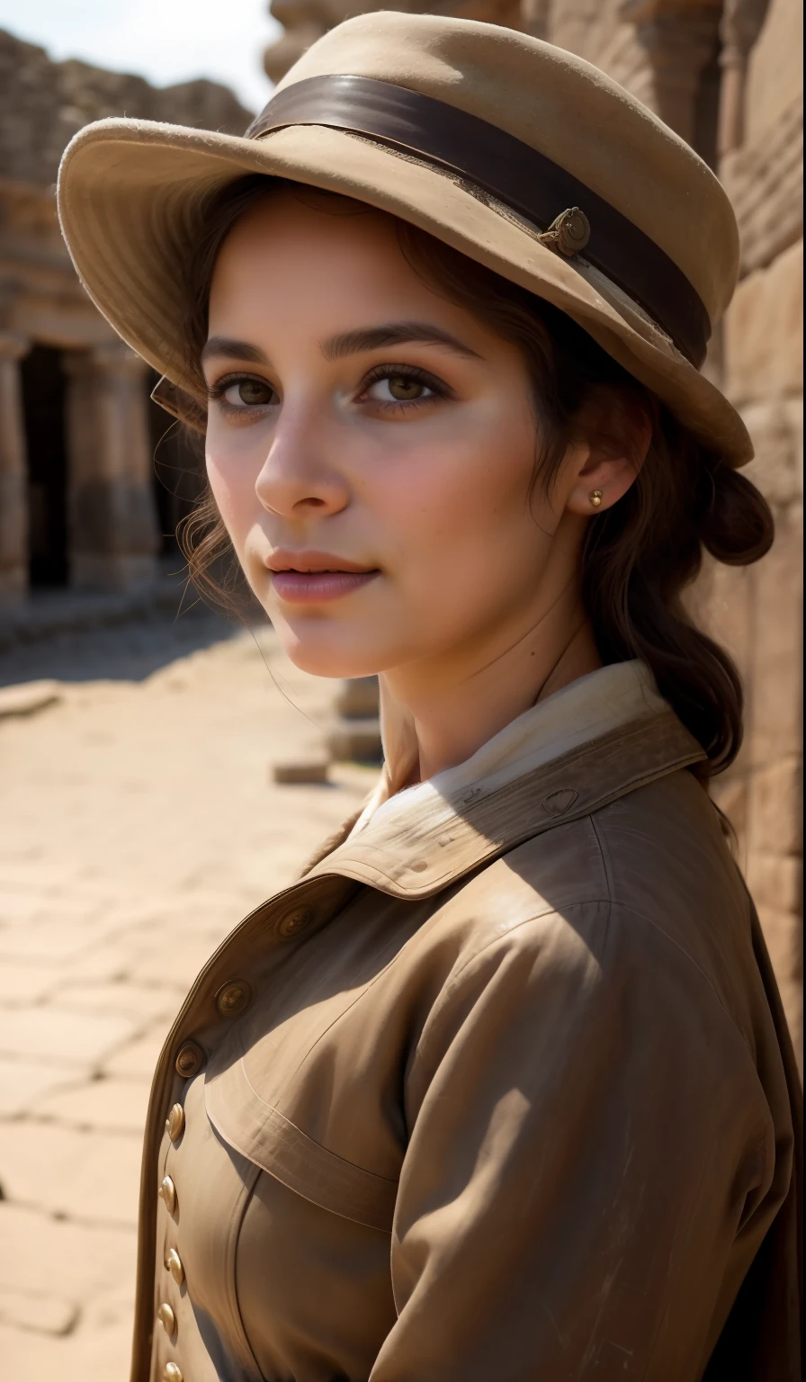 Hyperreal 8K, Brown eyes in women, (Scenery: Ancient city), Natural elements, lifelike textures, (Vintage attire), Natural shine, (curious expression), (Historical atmosphere), Brush Technique, Natural lighting, (playful shadows), Color change, (Weathered textures), Reflection of the Sun, Authentic details.