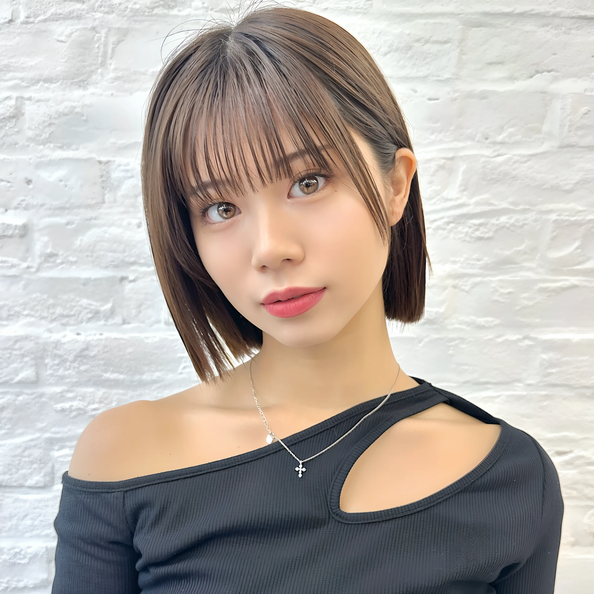 there is a woman with a necklace on her neck posing for a picture, With short hair, hime-cut, chiho, With bangs, 奈良美智, with short hair with bangs, neat hair with bangs, center parted bangs, with full bangs, with a bob cut, Choi Hong Hwa, Ayaka