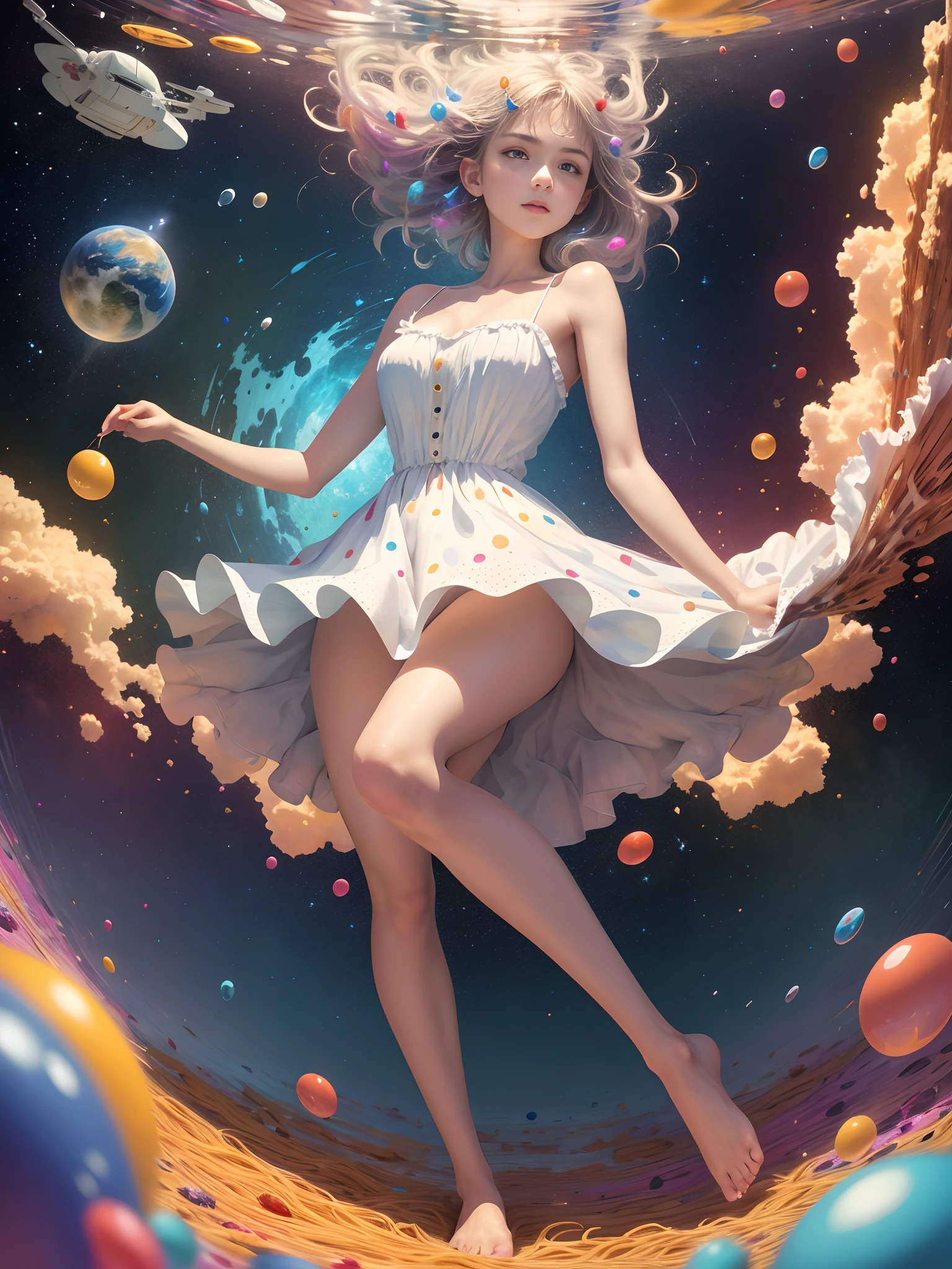 (Masterpiece, Best Quality: 1.2), (A highly detailed), (Illustration), wall paper, Original, 1Girl, scruffy (((Colors and dynamics))) heads, spaghetti strap, The perfect body without clothes, bare legs, barefeet, Light Arm, universe, Earth Background, Low Earth orbit, s whole body, , (It is surrounded by colorful splashes and dots), Colored foam, (glittering) --v 6