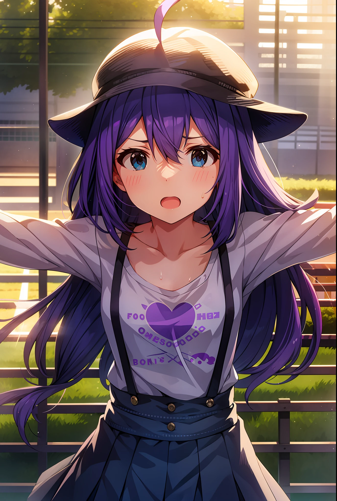 mochizuki anna,1girl in,Solo,Long hair,Purple hair,Medium chest.Ahoge,Blue eyes.Short stature.white t-shirts.suspenders.Skirt.Evening glow.the setting sun.Despair face.Sweat.Opening Mouth.up chest.Spread your arms.