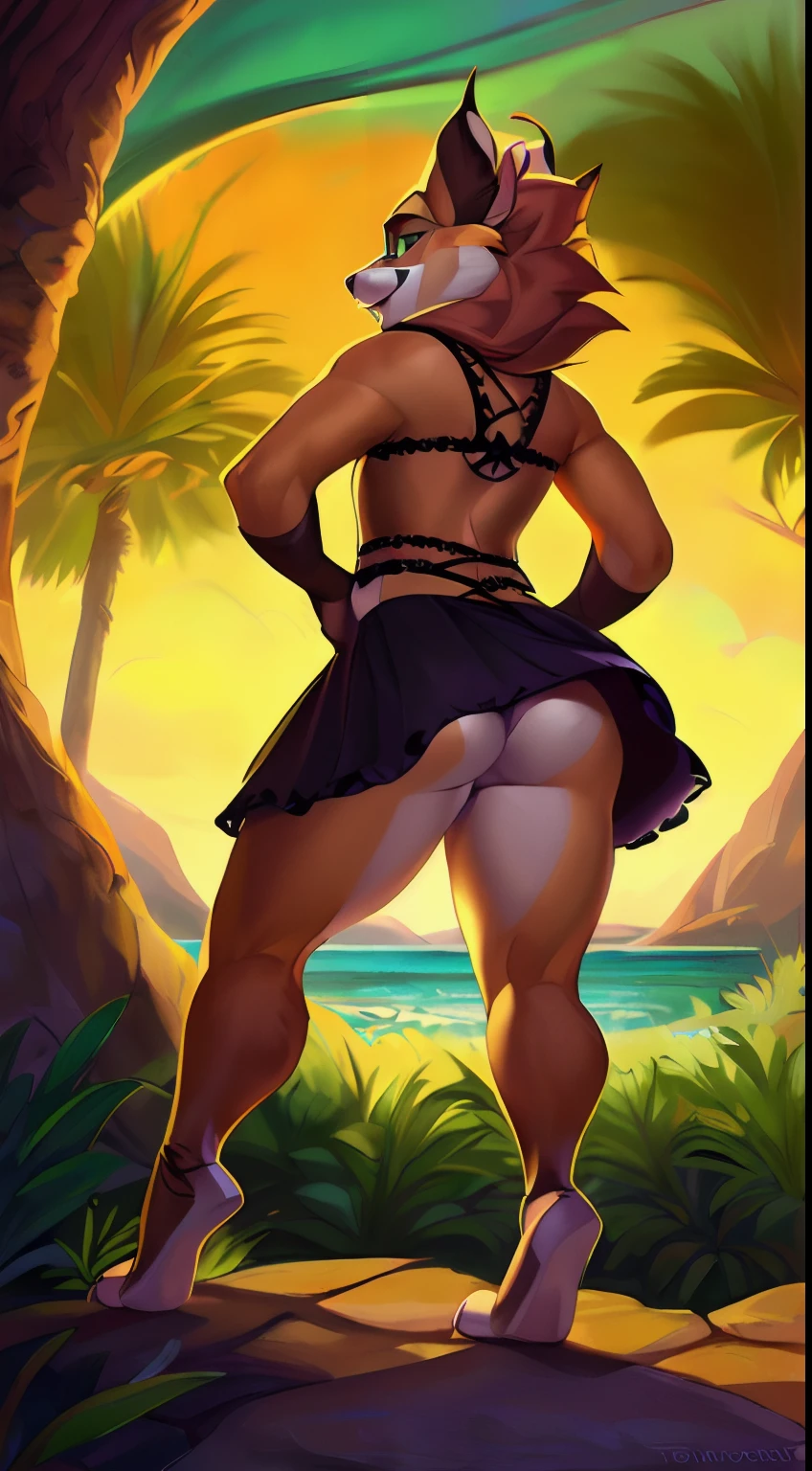 subido el e621, por Pixelsketcher, por Bayard Wu, por Thomas Benjamin Kennington , por Einshelm, (realista:1.2), Jade el lince, Linx, hembra, Anthro peludo, Orejas de gato, nariz rosada, (Detailed clear aquatic eyes:1.3),  colmillos, beige brown hair, (Flecos largos:1.5), Cola de caballo, Cuerpo bronceado claro, Cara intrincadamente detallada, tuft of skin from the neck, (tomboy), (Correa de cuchillo para muslos:1.4), (Chibi:0.8), vida real, ((retrato)), De pie seductoramente, dynamic  pose, (Cola corta de lince:1.4), (detailed lighting by Bonifasko), (pelaje esponjoso), (Piel detallada), (Piel detallada), dedo del pie de camello, (sonrisa afectada:1.1), cinematic lighting, ((Antecedentes detallados del bosque, cascada, Colinas, tree)), oasis, Hermoso lago, Vista gran angular, (sombra de medio cuerpo:1.3), [Contre-Jour], [[rayo crepuscular]], bare belly, belly discovered, navel, semi covered ass, [luz ambiental detallada], [gray natural lighting], [luz ambiental en el vientre], (Mayor detalle salvaje de la vida silvestre), Al aire libre, vista al mar y playa, [proporciones realistas], [foco nítido], (sombreado), ((obra maestra)), (((((wearing a sexy cropped black maid dress with laced floral print and striped socks, very sexy cropped black maid dress and striped socks, sexy black cropped maid dress and striped socks, black maid dress, striped socks, sexy striped socks))))), Rear view, Looking back at the viewer