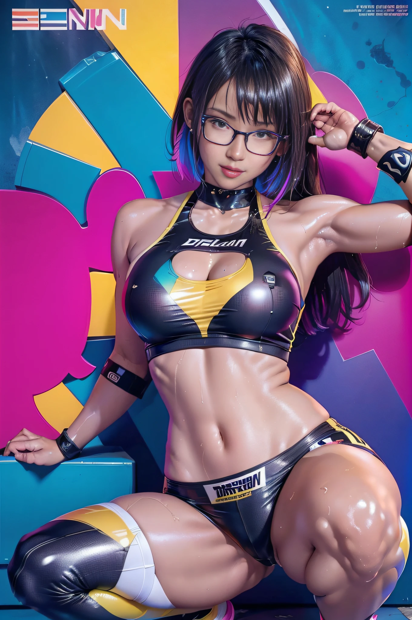 Squatting！、dynamicposes、legs spread out、eye glasses、darkskin、Sponsor Logo、(lightsmile:1.12),cyberpunked、Sleeveless、(Shiny colorful beach volleyball costume)、(magazine:1.3), (Colorful cover style:1.3),(Dripping wet body:1.15)、Hands behind your back(FULL BODYSHOT)、((​masterpiece))、 super fine face and eyes，Colorful Korean Idol Hairstyles，