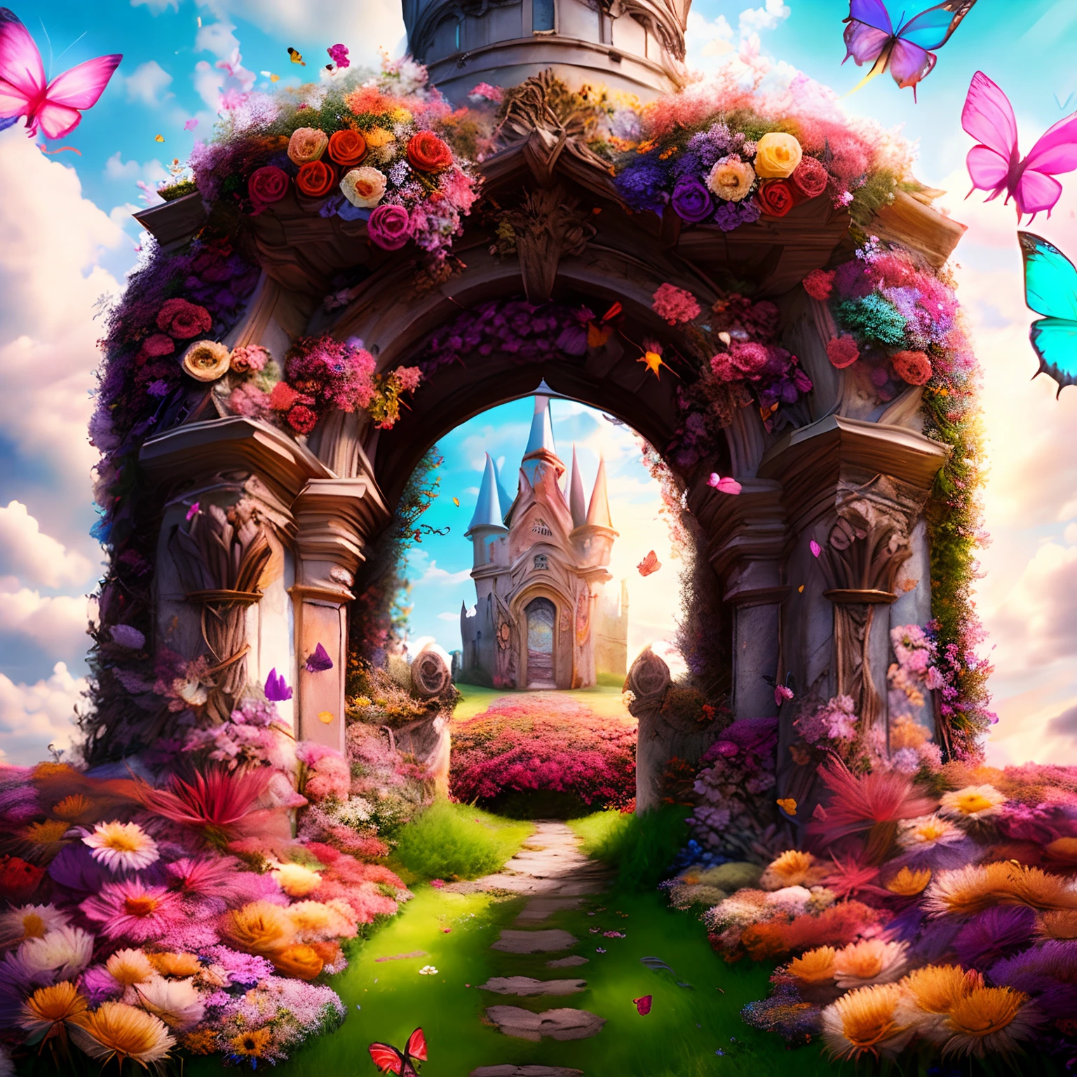 photo (FlowerGateway style:1) the entrance to a castle is surrounded by flowers, butterflies, bugs, dragonflies,