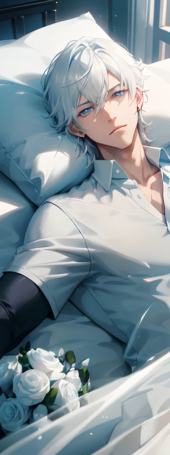 boy，shoun，Young men，physically-based renderingt，profesional lighting，Short white wolf tail hair，blue color eyes，4k，Light treatment，Dark glowing eyes，extreme hight detail，white  shirt，Bouquet，Cross earrings，lying on water，High brightness，relaxed，softlighting，solo person，see-through shirts