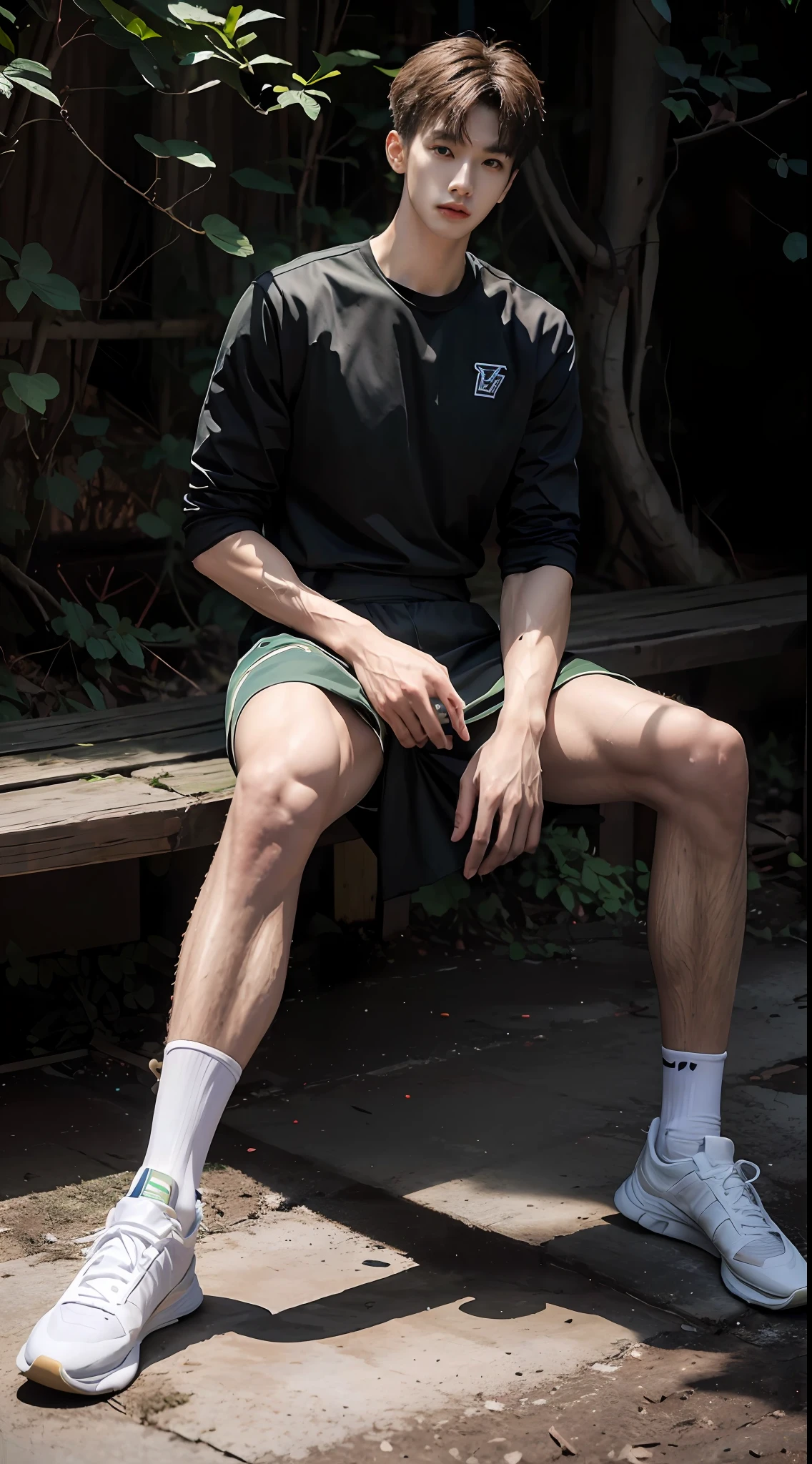 (((Best quality))),(((Ultra detailed))),(((Masterpiece))),(Cute tall Shota:3),The height of a volleyball player,solo person,(full bodyesbian:3),(Stay away from the lens:3),Expose your legs,(revealing the whole body:2),(Frontal heads-up view:1.2),malefocus,(looking at viewert), old,(Tall:3),(Tall guy:2),Super tall,(Height 300 cm:2),Excellent body proportions,muscular physique,(1.The shoulders are 5 times wider:1.2),(Slender straight legs:2.5),Slender feet,small heads,musculous,The face of the animated male protagonist,(Very detailed beautiful face and eyes:2),(Big bright eyes:1.2),Sharp eyeliner,Clear and beautiful face,exhilarated,(having fun:2),short detailed hair,(Correct facial features),(tilts your head:1.5),(Men's basketball jersey:2),Long sport men's socks,(Muscle firming:2),Strong,(Wide shoulders and narrow waist:2.2),Detailed muscle texture,Highlights muscle structure,In the forest,(kneeling to sitting on the ground:4),(full length shoot),ultra-realistic realism, (Photorealistic detail), Incredible accuracy, lifelike textures, masterful technique, Jaw-dropping precision, artistic dedication,(anatomy correct),Good lighting,exquisite detailing,Best quality,stunning masterpiece,CG,(Colored screen)