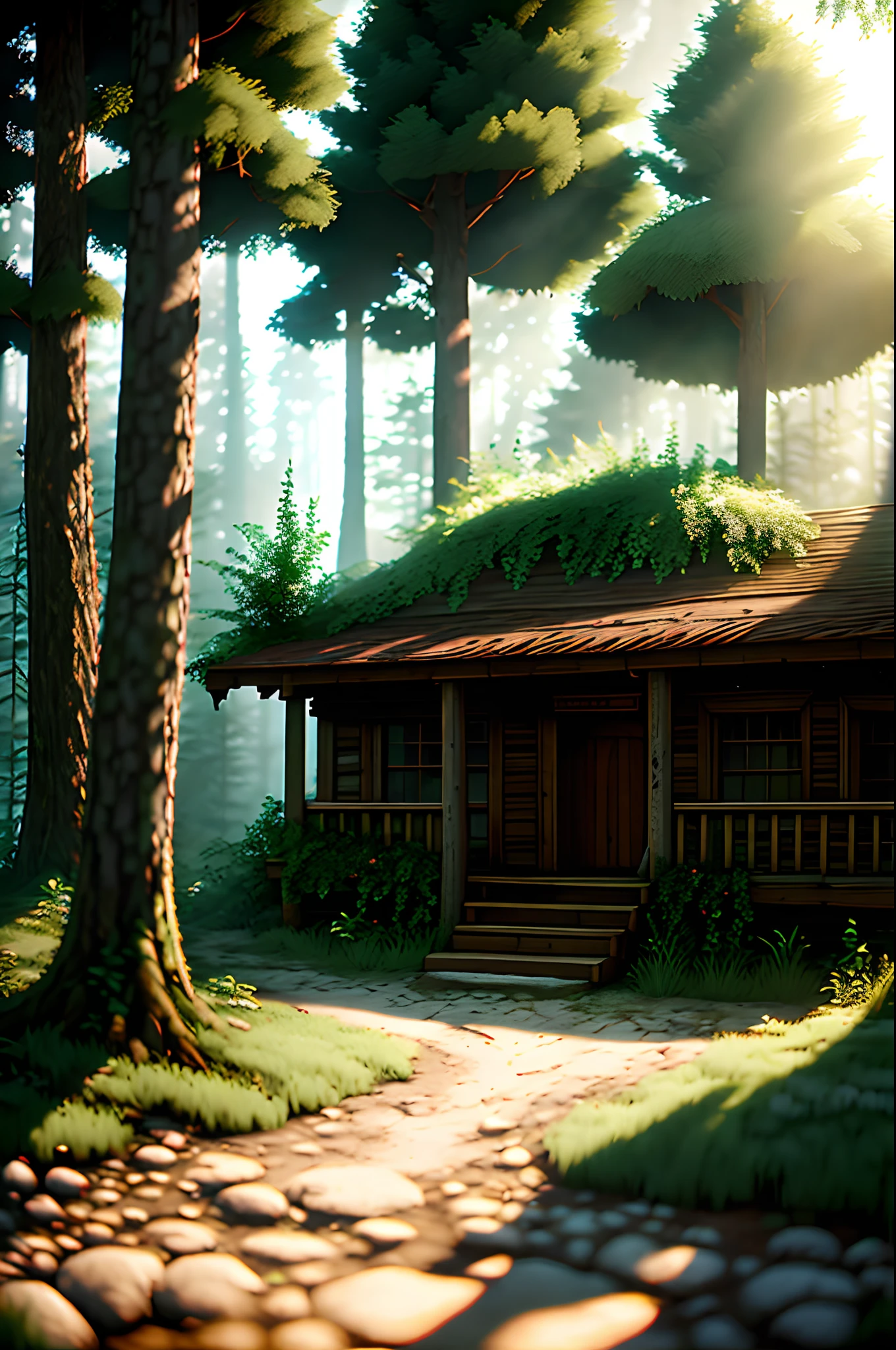 128 by 128 , pixel art , forest , soft light , no human , just nature , old house