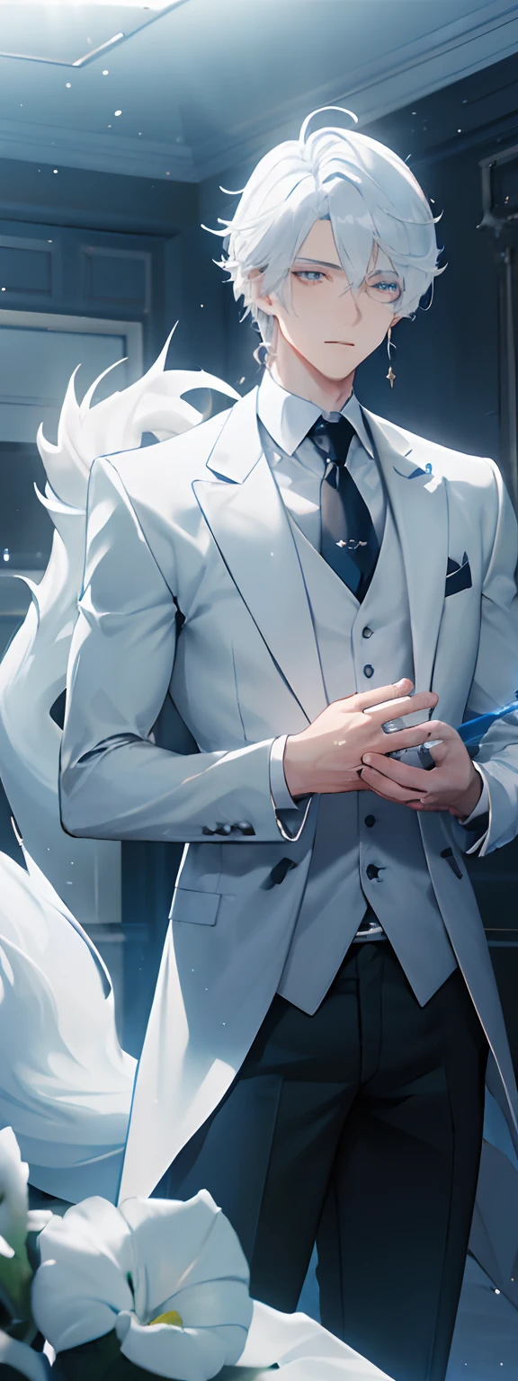 schoolboy,shoun,Young men,physically-based renderingt,profesional lighting,Short white wolf tail hair,blue color eyes,4k,Light treatment,Dark glowing eyes,extreme hight detail,white shirt,Bouquet,Cross earrings,lying on water,High brightness,relaxed,softlighting,solo person,see-through shirts
