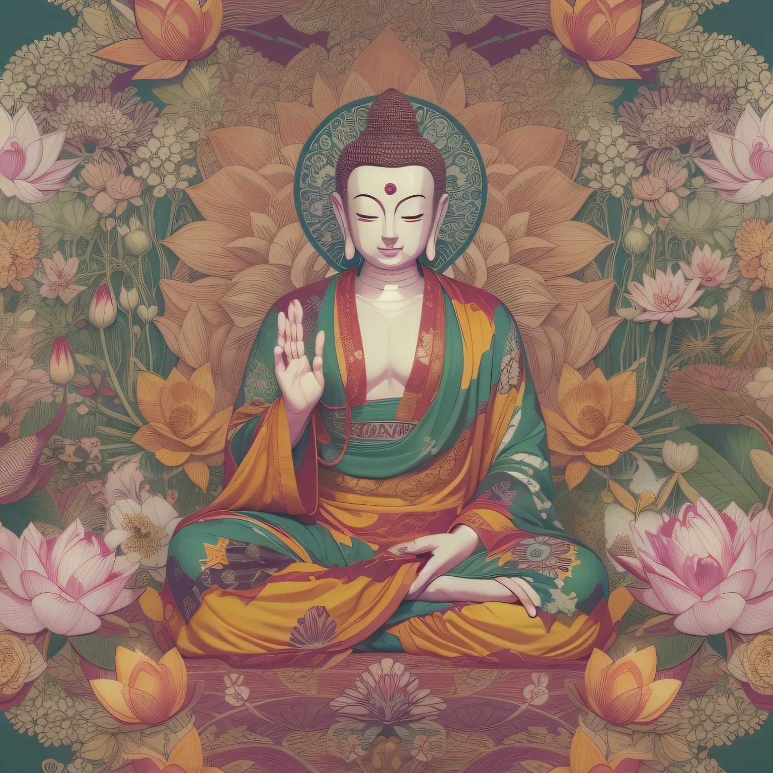 illustration, cartoon style, meditating buddha floating above a lotus blossom, colorful patterns, bold shades, detailed features, extremely detailed, tshirt design, super detailed, trending on artstation, transparent background