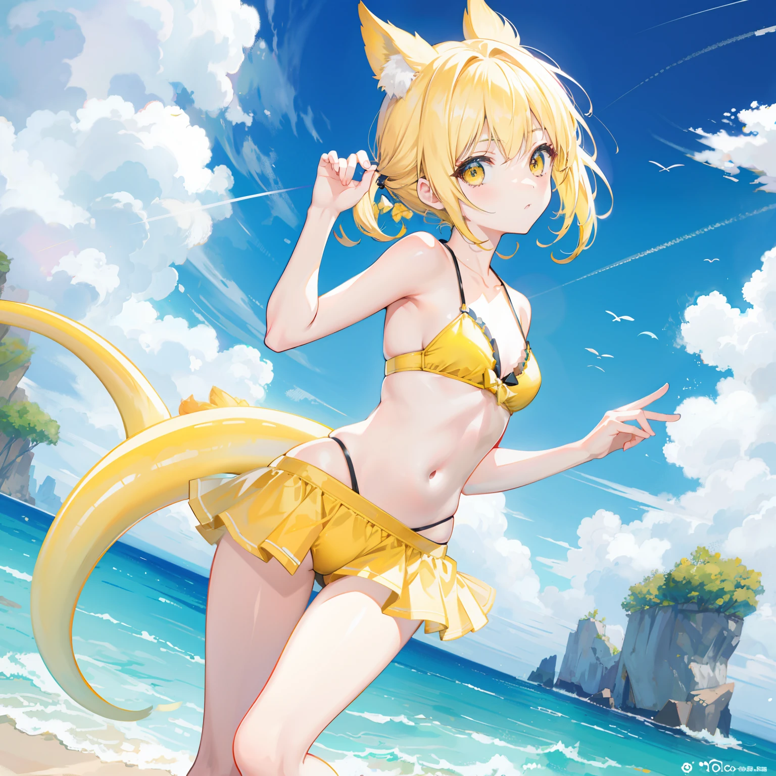 animesque、Blonde and yellow-eyed girl、One person、Yellow Bikini、Side tail