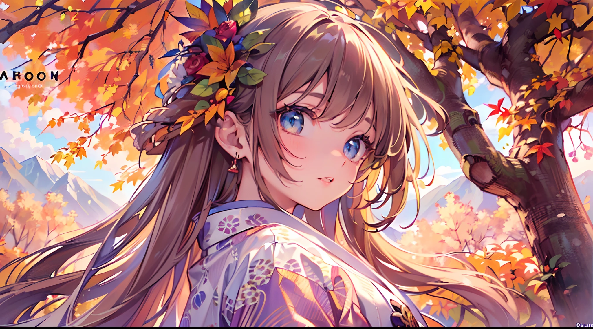 (Masterpiece, top quality, super detailed CG, ultra detailed beautiful face and eyes,super detailed, intricate details:1.2), 8k wallpapers, elaborate features,
(1 person, solo:1.4), perfect cartoon illustration,(1 person, solo:1.4),
(realistic textures:0.8), high res, 1 girl, kimono, autumn, many trees, dancing leaves, mountains, full body illustration