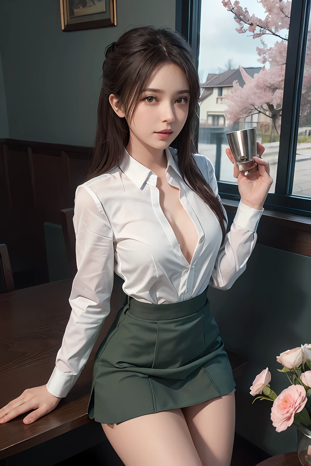 Surrealist portraits of women by David Hockney and Alphonse Mucha,Fantasyart,photographrealistic,动态照明,art stations,poster for,Volumetriclighting,Very detailed faces,Award-Awarded,in the darkness nigth,deep shading,low tune,Cowboy photos,(formal outfit:1.4),High production level,Exquisite facial features,adolable,Moving,In the illusory dawn moment,reality,offcial art,8K picture quality,Super detail,fine detail skin,Movie Angle,cinematic textures,Movie lighting,tmasterpiece,Best picture quality,Backlight,outline light,1 girl,Small of breast,Slim,emaciated,Pale skin,Big watery eyes,Flawless little face,ssmile,Cocked buttocks,Light green JK uniform long sleeved shirt,The shirt is open and unbuttoned,Dark green pleated skirt,The skirt lifted,White lace panties embroidered with pink flowers,White bra embroidered with pink flowers,white stockings,In a Japanese-style soba noodle restaurant,full bodyesbian,inside in room,Long brownish-gray hair,Fluffy hair draped,The legs are split,Lie on your back on the table top of the dining table,A bowl of noodles,A cup of tea,A dish