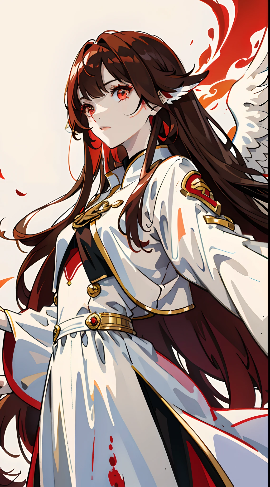 Brown white gradient bangs,Long straight hair,red color eyes,Angel Wing Blood