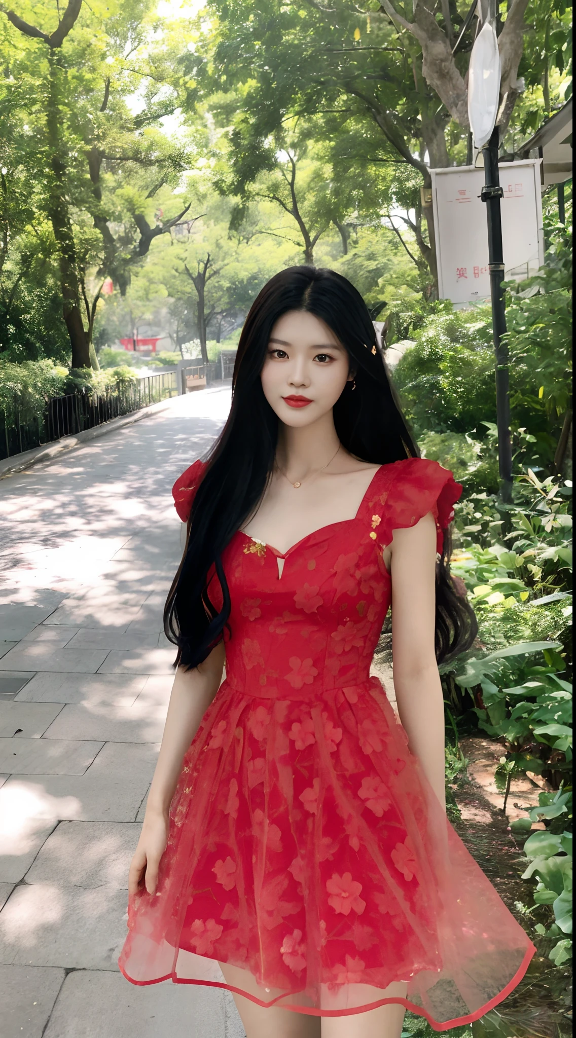 Red-dressed Araki woman standing on sidewalk, Red floral dress, ulzzangs, girl wears a red dress, Wearing a red dress, in a red dress, Red dress, wearing flowing dress, Shin Jinying, in a red dress, Album art, xintong chen, Wearing a red cheongsam, beautiful Korean women, Chinese girl