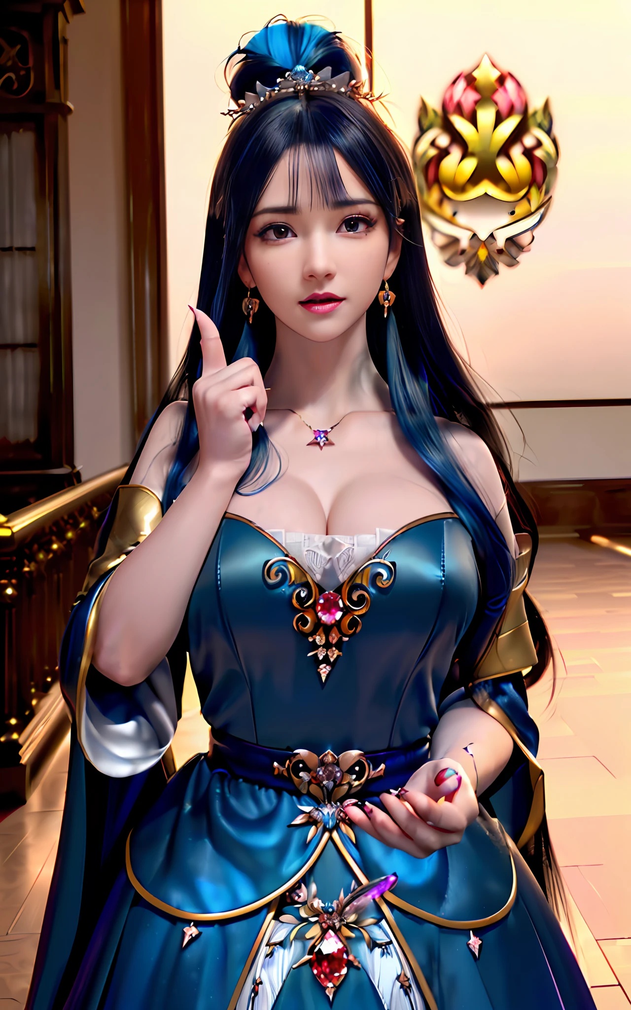 ((realisticity: 1.2)), ((realistic: 8K UHD)), ((best resolution: 8K UHD)), hyper detailed, best quality,masterpiece,highres,cg, ((1 girl hyper detailed and hyper realistic) ) , ((beautiful queen, hyper realistic and hyper detailed)),((white skin, beautiful, smooth, youthful, hyper realistic and hyper detailed )), ((Face hyper beautiful, white, hyper realistic and hyper detailed ) ), long hair, ((hyper realistic and hyper detailed dress)), solo, ((hyper realistic, hyper beautiful, beautiful and hyper detailed jewelry)), ((hyper beautiful deep red and golden yellow dress, hyper realistic and hyper detailed )) , ((Her pretty, hyper realistic, hyper detailed diamond filled earrings)), ((Her gorgeous diamond haircut, hyper realistic and hyper detailed)), ((hyper pretty upper body, hyper beautiful, hyper realistic and hyper detailed) ), ((medium breast: 1.1)), ((hyper realistic, hyper pretty, hyper detailed boobs)), ((the backgroun of the royal palace is hyper majestic, hyper realistic and hyper detailed)),((hands and palms hyper beautiful, hyper detailed, hyper realistic)), ((hyper detailed and hyper realistic fingers and fingernails)), ((hyper pretty fingernails, hyper vivid, hyper detailed, hyper realistic)), ((thumb, index finger, middle finger, ring finger, little finger hyper vivid, hyper pretty, hyper detailed, hyper realistic)),  
((hyper beautiful fingers, hyper detailed, and hyper realistic)), ((posture not too fat and not too thin, hyper realistic, hyper detail)), ((hyper pretty, hyper pretty, hyper realistic and hyper detailed hair bun)), ((hyper pretty , hyper realistic and hyper detailed blue hair)), candid, Photo, high resolution, 8k , bokeh,