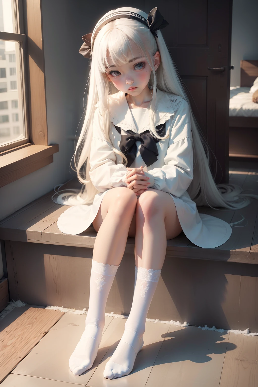 have to pee ,whitestocking,whaite hair,teens girl，Young（tmasterpiece：1.3）， best qualtiy， 2 girls， and 10hite hair，Delicate，Rooftop，Sailor suits and JK costumes，adolable，being thin，slim，8 hands two maidens，校服，White lace socks，Lace socks，Thin leg，without wearing shoes，Skinny body，hugs，puss，sofe，white colors