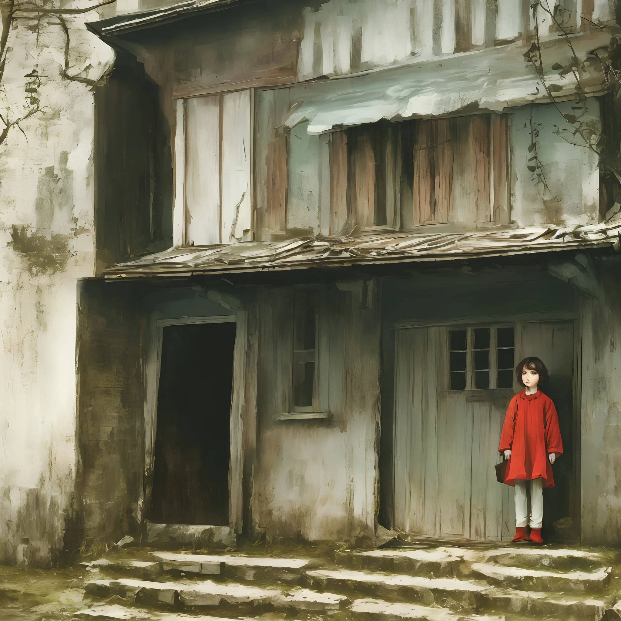 Scary atmosphere,bit girl,Old house background,Red clothes,Short stature,The face is delicate,adolable,ventania
