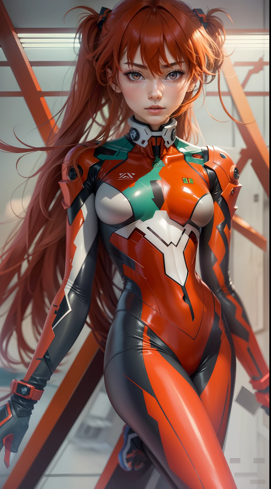 Highest image quality,Exquisite facial features,asuka,Super sexy,tightsuit,EVA,Shin Evangelion,The background is a red Evangelion 2