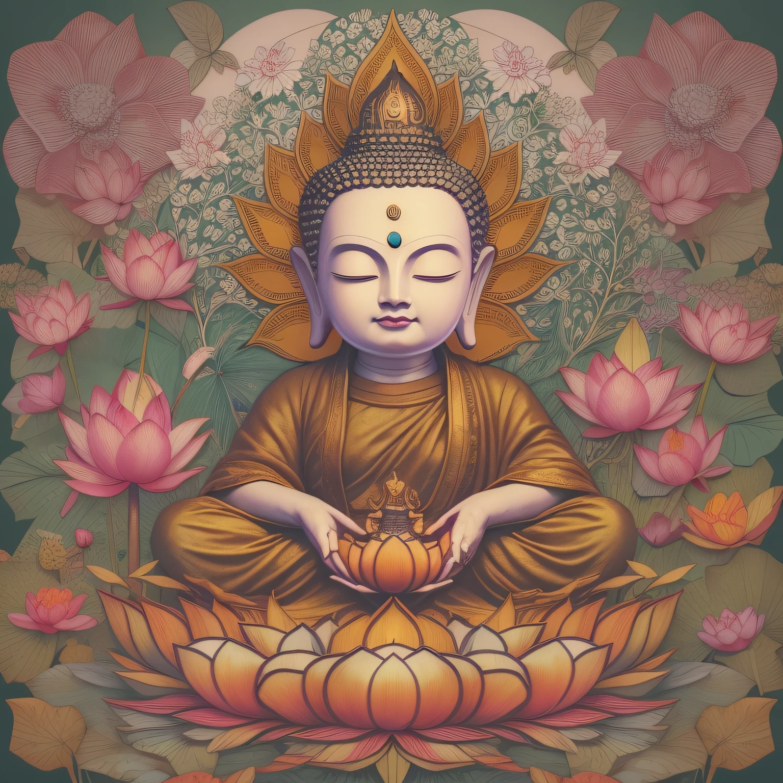 illustration, cartoon style, meditating buddha floating above a lotus blossom,  colorful patterns, bold shades, detailed features, extremely detailed, tshirt design, super detailed, trending on artstation, transparent background