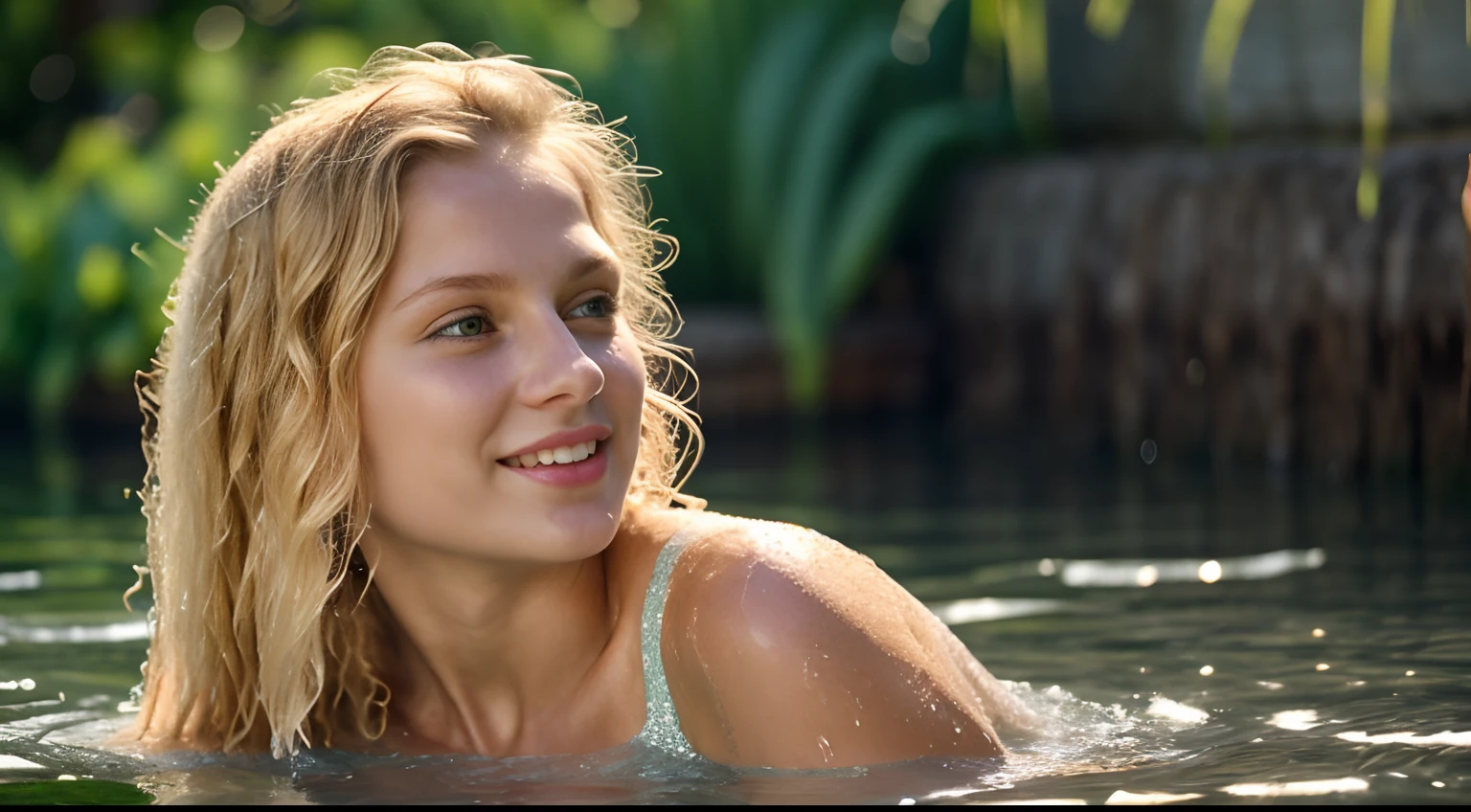 Cute Russian female *** 21 bathing in a lake, side view, she is waist deep in water, white lace bikini,  pretty face, shy look, closed smile, side view, summer sunshine, shiny skin, wet skin, skin pores, blonde wet hair, water lily, (soft backlight), haze, realistic, masterpiece, highest quality, lens flare, [[chromatic aberration]],best shadow, photorealism, hyperrealism