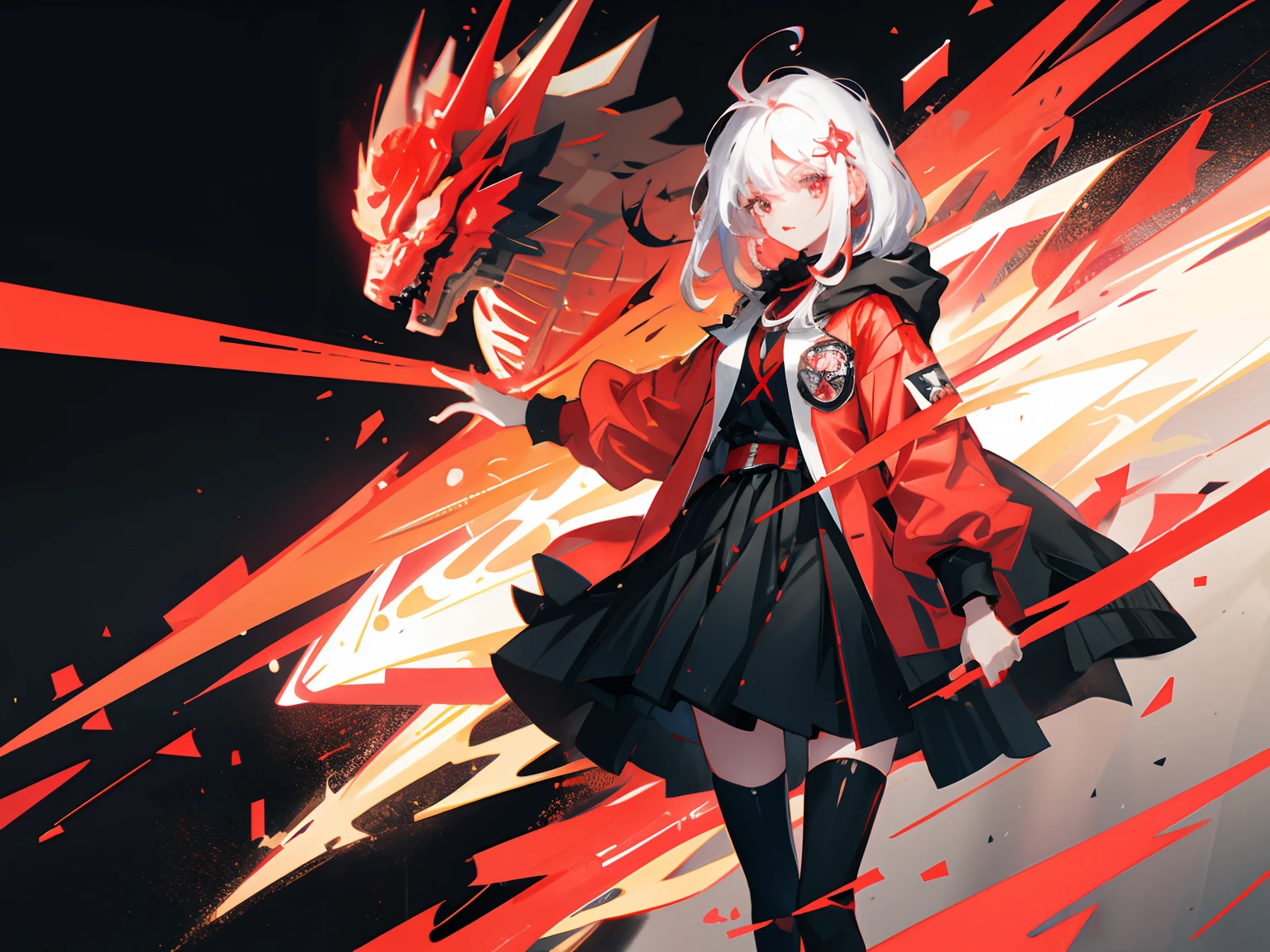 1girll，long leges，Red and black shirts，Red and black skirt，Red and black mechanical windproof boots，Large red and black trench coat，Long black hair，red color eyes，stand posture，Black two-fingered gloves，HighestQuali,4K，Chinese girl design，Genshin detailed art，Anime character design，anime concept art，pretty anime character design，anime character reference sheet，[character  design]，4K，the detail，HighestQuali，Red particles，Red，bloods，eventide