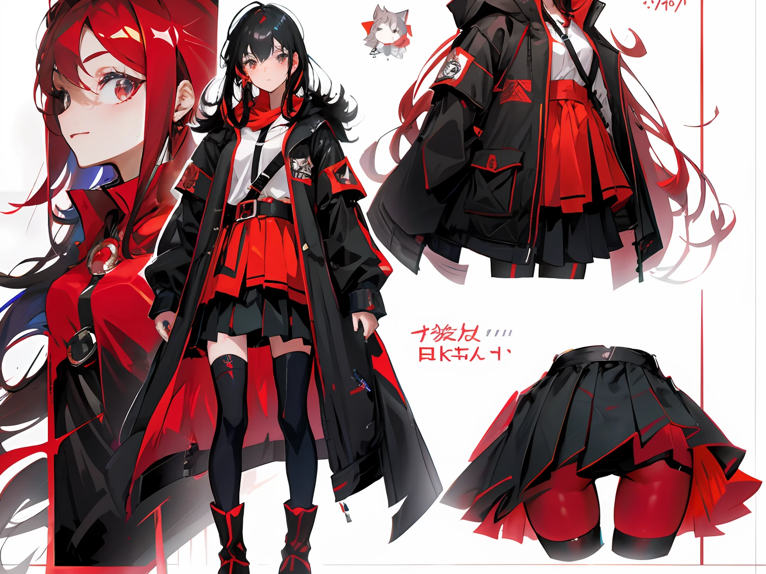 1girll，long leges，Red and black shirts，Red and black skirt，Red and black mechanical windproof boots，Large red and black trench coat，Long black hair，red color eyes，stand posture，Black two-fingered gloves，HighestQuali,4K，Chinese girl design，Genshin detailed art，Anime character design，anime concept art，pretty anime character design，anime character reference sheet，[character  design]，4K，the detail，HighestQuali，Red particles，Red，bloods，eventide
