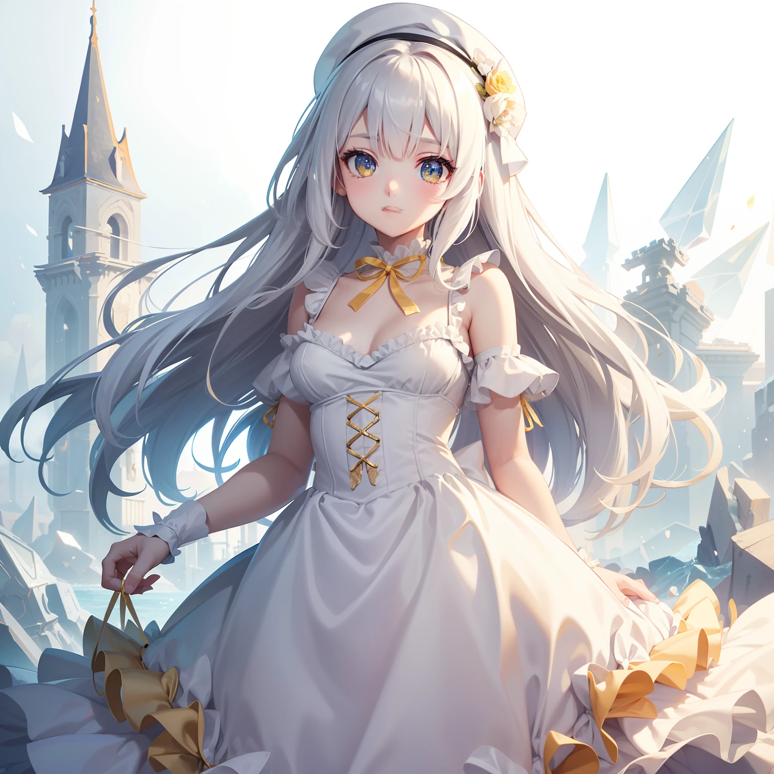{{best quality}},{llustration},{beautiful detailed eyes},dynamic angle, 1 girl, (masterpiece, best quality:1.2),white hair,yellow eyes,cute face,loli face,white halter dress,{{border}},light,solo,{{white beret}},small breasts,loli,{{full body}},stereogram,frilled dress,white and yellow theme,neck ribbon,criss-cross halter,strapless dress,white clothes,yellow diamond color crystal background,framed breasts,Blunt bangs,pointy breasts,cleavage cut,outunaligned breasts,long hair