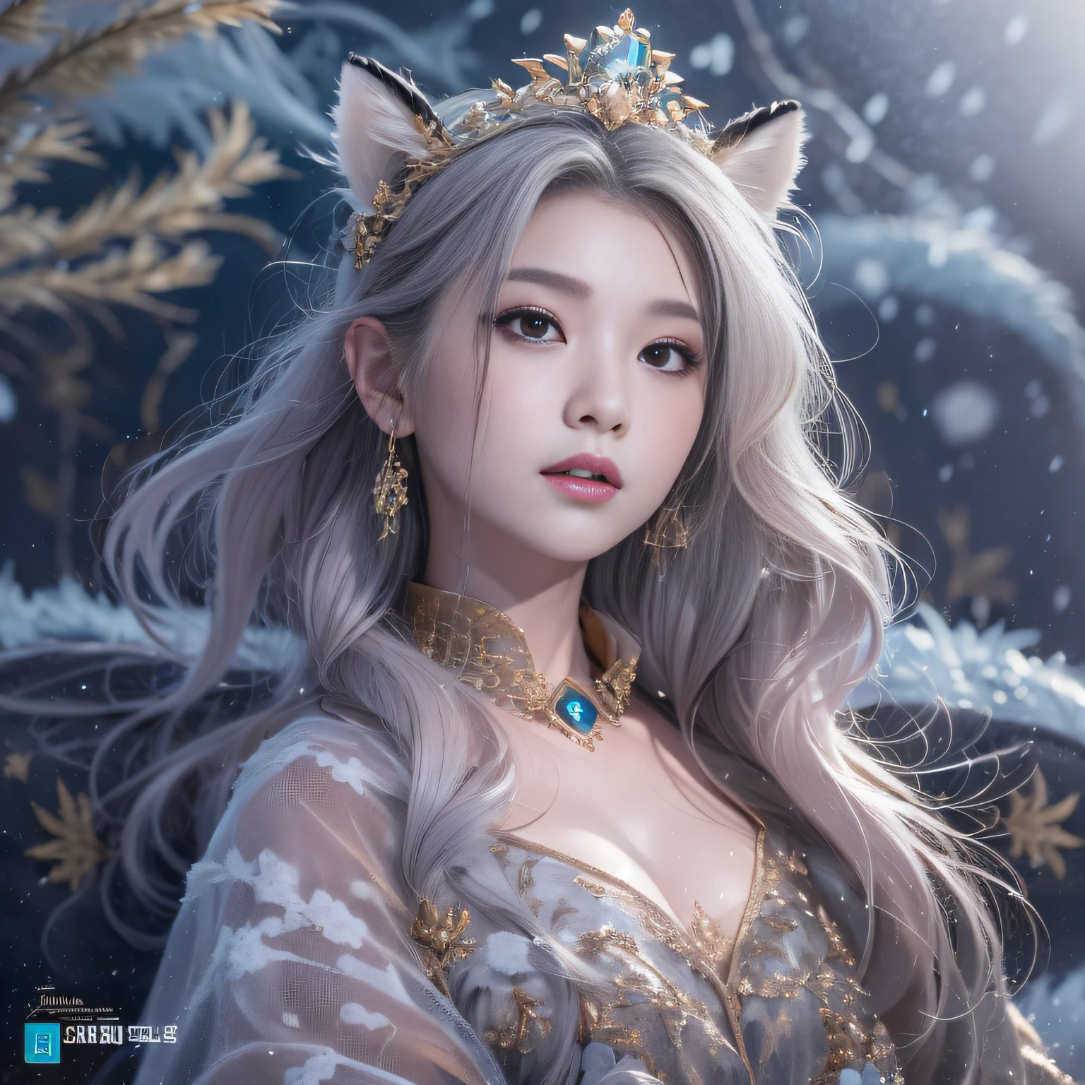 32K（tmasterpiece，k hd，hyper HD，16k）Flowing short hair，Backroom pond，Little Snow Girl ，Snow Leopard Protector （realisticlying：1.4），Python pattern robe，Purple-pink tiara，Snowflakes fluttering，The background is pure， A high resolution， the detail， RAW photogr， Sharp Re， Nikon D850 Film Stock Photo by Jefferies Lee 4 Kodak Portra 400 Camera F1.6 shots, Rich colors, ultra-realistic vivid textures, Dramatic lighting, Unreal Engine Art Station Trend, cinestir 800，