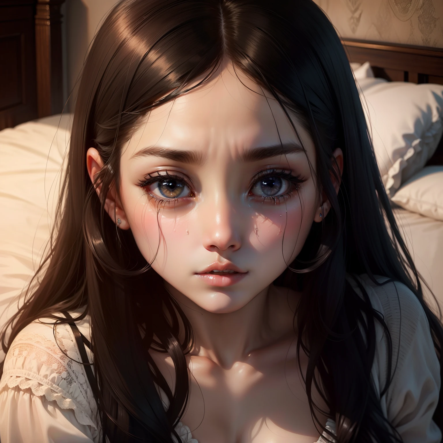 Beautuful Women、Crying face、a bed、up、A dark-haired、s lips、Big eyes、stare、fleeting
