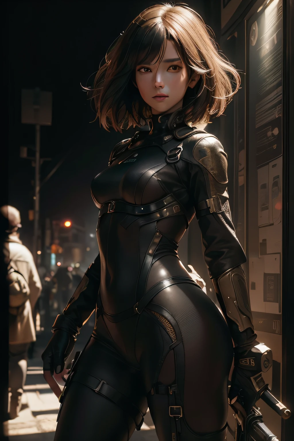 (Young Face), (Perfect eyes), (Perfect hands), (Perfect fingers), (neck-length short hair: 1.5), (concise tight one-piece combat suit: 1.3), Golden hair, Collar, (gloves: 1.2), (guns), chains, in the distant future, the line between science fiction and fantasy has disappeared,(Very detailed CG 8k wallpaper), (Extremely delicate and beautiful), (masutepiece), (Best Quality: 1.0), (Hyper-Resolution: 1.0), Beautiful lighting, Realistic Shadows, [High resolution], detailed skins, Ultra Detail, nffsw (High dynamic range), Ray tracing, NVIDIA RTX, Hyper-Resolution, Unreal 5, Subsurface scattering, PBR Textures, Post-processing, Anisotropy Filtering, depth of fields, Maximum sharpness and sharpness, Multilayer Texture, Albedo and Highlight Mapping, Surface Shading, Accurate simulation of light-material interactions, Perfect proportions, Octane Render, bi-color light, Large aperture, Low ISO, White Balance, thirds rule, 8K Raw,
