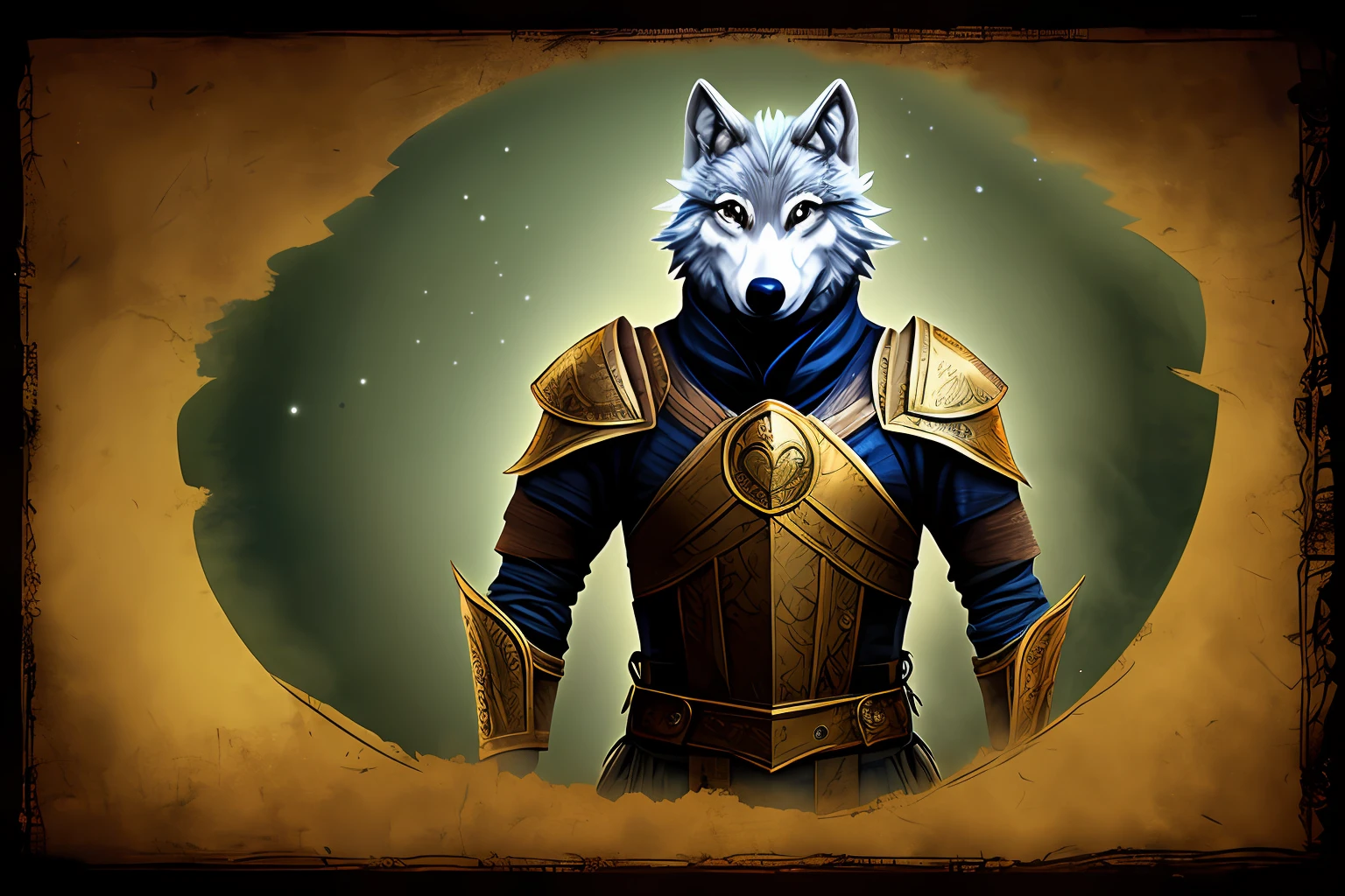 Wolf head dragon tail humanoid with cuirass, male with mask science fiction