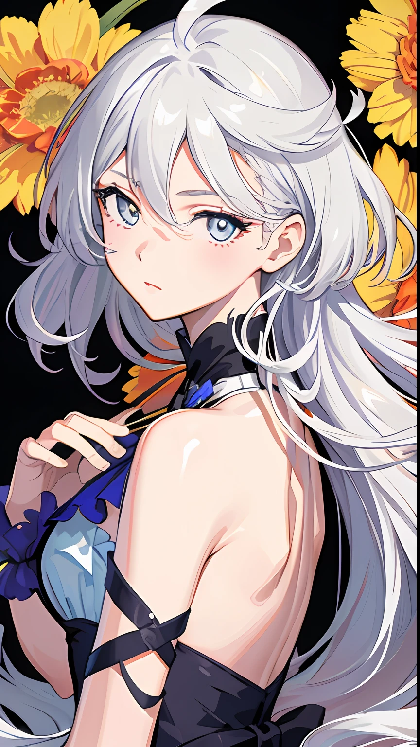 (masterpiece), (best quality), (ultra detailed),(disheveled hair),(illustration), (1girl), (Fashionable clothing), standing, Fashion model, looking at viewer, (interview), (simple background),beautiful detailed eyes, delicate beautiful face, Floating,(high saturation),(colorful splashes),colorful bubble,(shining), focus on face, miorine, silver hair, bangs, hair ring, floating flowers, floating hairs, (shining), best lighting, best shadow, moderate breast, beautiful side boob