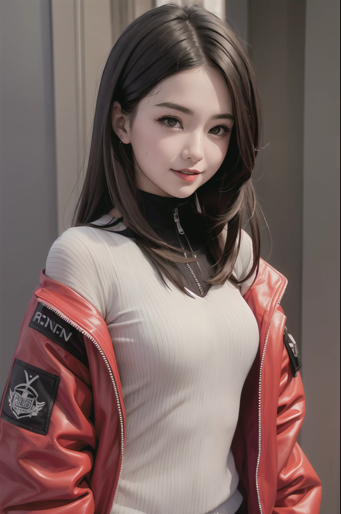 1girl, solo,underwaterbrown hair, brown eyes, parted lips, long sleeves, jacket, simple background, upper body, red background, looking at viewer, teeth, red jacket, lips, cosplay, full body, smile,motorbike
