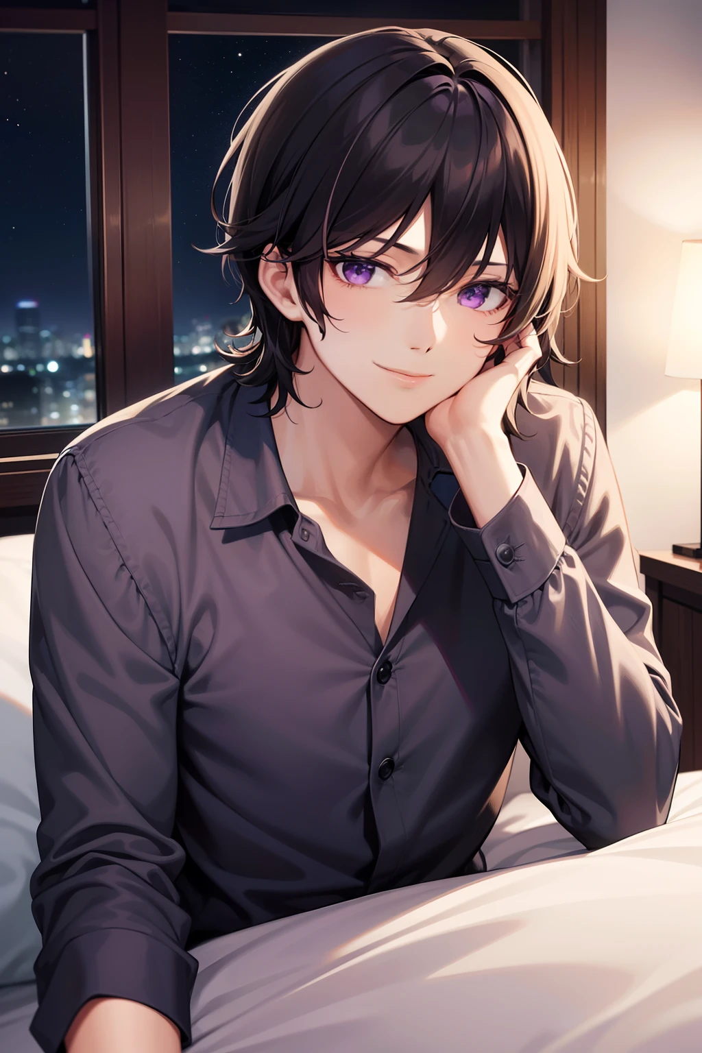 styles, ​masterpiece, top-quality, Solo Man,Special details, illustratio,a bed,natta, At night,Male face with black hair,Purple eyes,smile