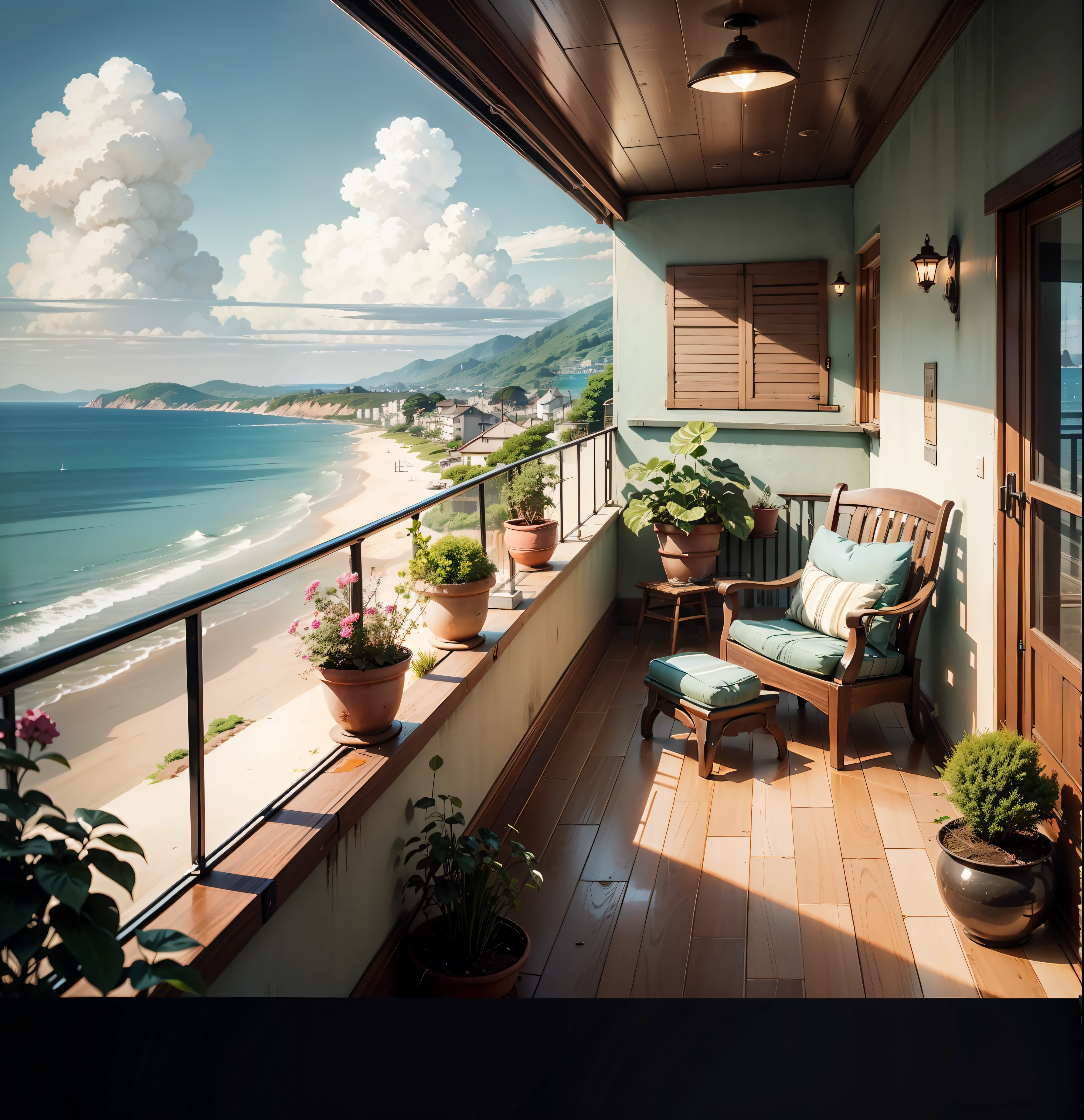 terrazzo，Garden view of the house，Anime landscapes，Beautiful anime background，The balcony overlooks the sea beach，Shinkai Makoto style anime countryside landscape，Detailed depiction of beautiful tranquil scenes of anime。