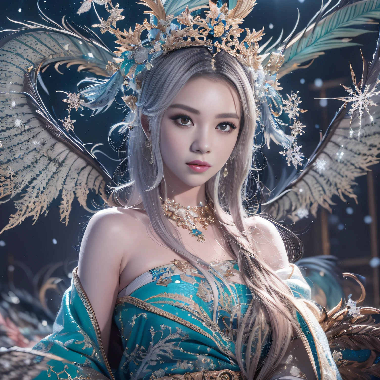 32K(tmasterpiece,k hd,hyper HD,16k)short detailed hair,Backroom area, Snow Girl ,Blue Dragon Protector (realisticlying:1.4),Python pattern robe,Purple-pink tiara,Snowflakes fluttering,The background is pure, A high resolution, the detail, RAW photogr, Sharp Re, Nikon D850 Film Stock Photo by Jefferies Lee 4 Kodak Portra 400 Camera F1.6 shots, Rich colors, ultra-realistic vivid textures, Dramatic lighting, Unreal Engine Art Station Trend, cinestir 800,
