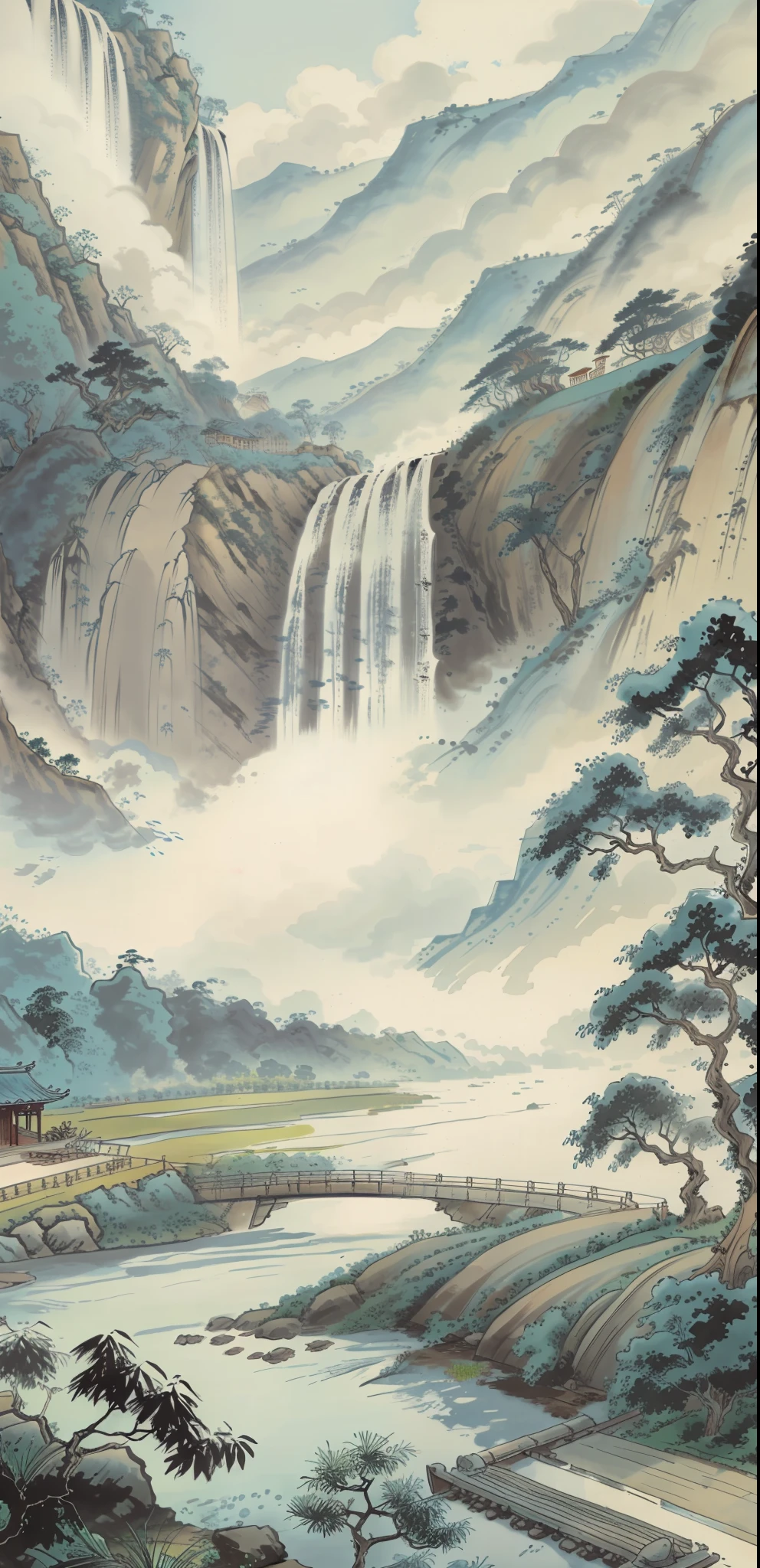 Chinese landscape painting,big trees，Stone waterfall，flowingwater,Far Tree,weeds,small boats,jetty,Sky blank clouds,Five or six farmhouses