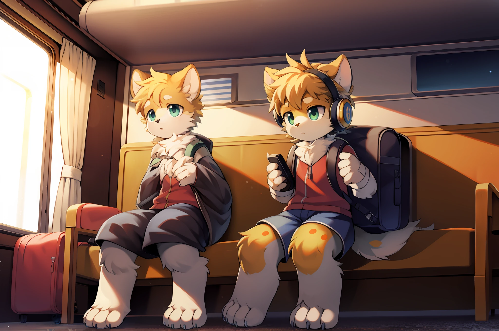 hsnkl, masterpiece, high quality, furry boy.anthro male.cub, sitting by the train window, gazing outside, indoor, train car, young, curious, daydreaming, backpack, headphones, passing scenery