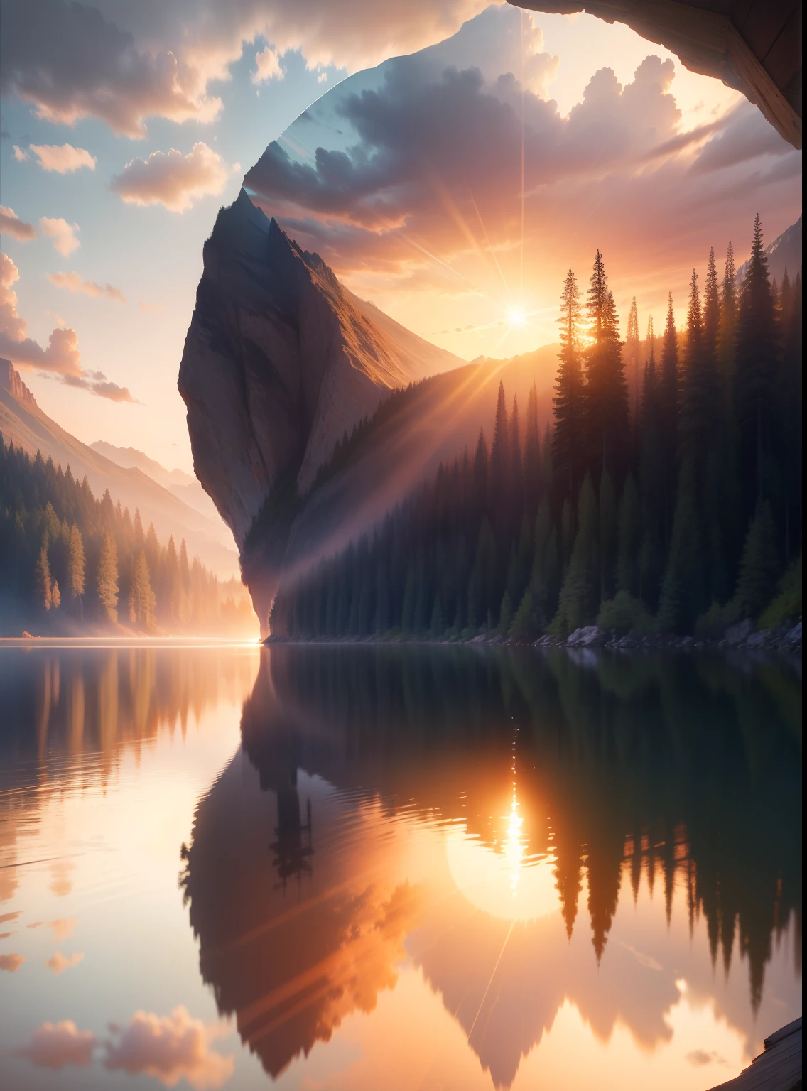 wallpaper, summer, lake, dawn, forest, detailed forest, clouds, masterpiece, cinematic, soft light, depth of field, ray tracing, reflection in water, realism, ulra detailed,