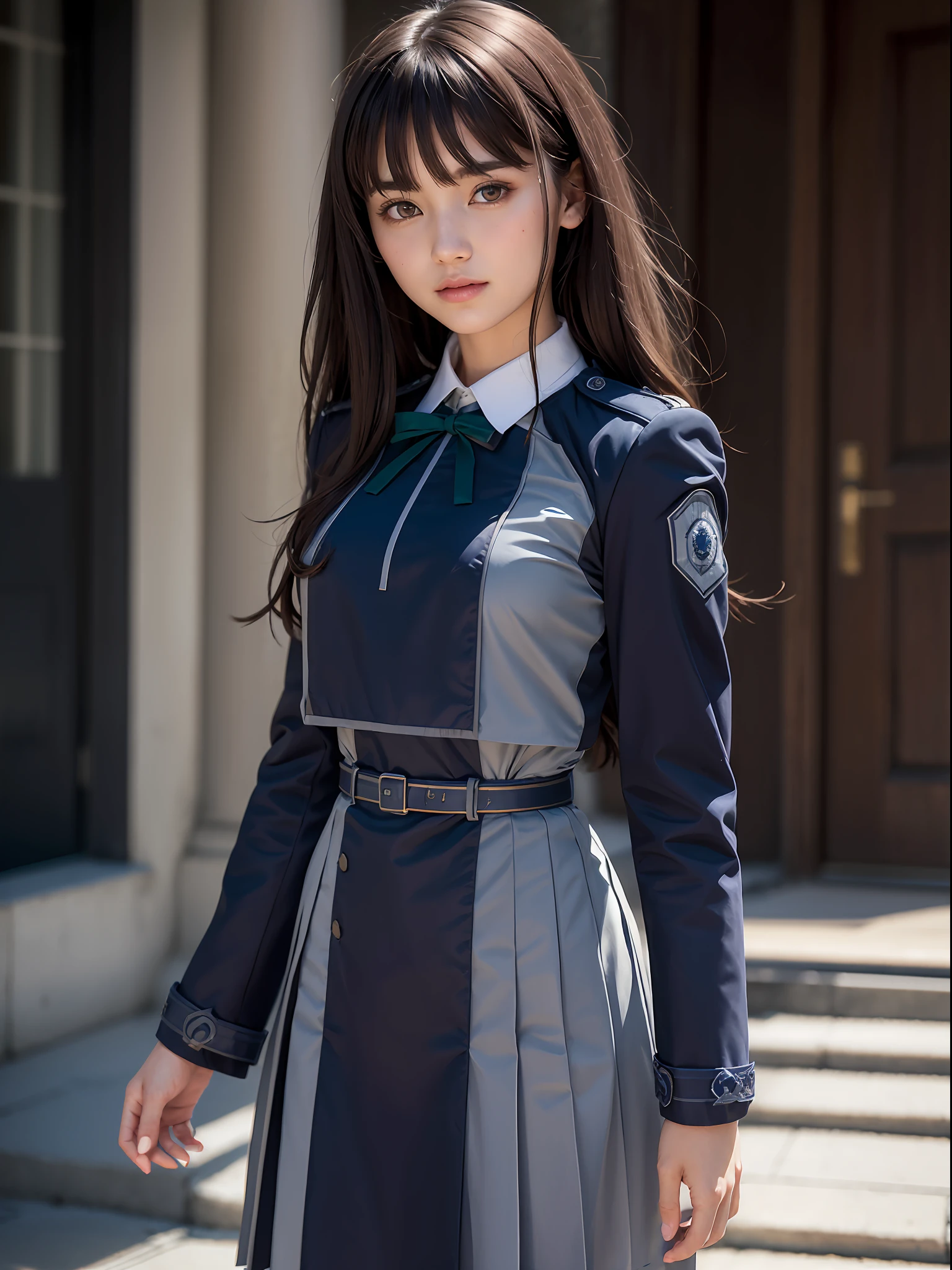 (masterpiece, best quality:1.4), (full body), (standing:1.2), 1girl, solo, inoue takina, long hair, bangs, black hair, (purple eyes:1.2), BREAK shirt, long sleeves, dress, ribbon, school uniform, white shirt, collared shirt, belt, neck ribbon, blue dress, green ribbon, pleated dress, grey dress, two-tone dress, blue belt, (lycoris uniform:1.5),  looking at viewer, beautifull smile, beautiful face, highly detailed face, highly detailed eyes, highly detailed skin, skin pores, subsurface scattering, realistic pupils, full face blush, full lips, detailed background, depth of field, volumetric lighting, sharp focus, absurdres, realistic proportions, good anatomy, (realistic, hyperrealistic:1.4), 16k hdr,