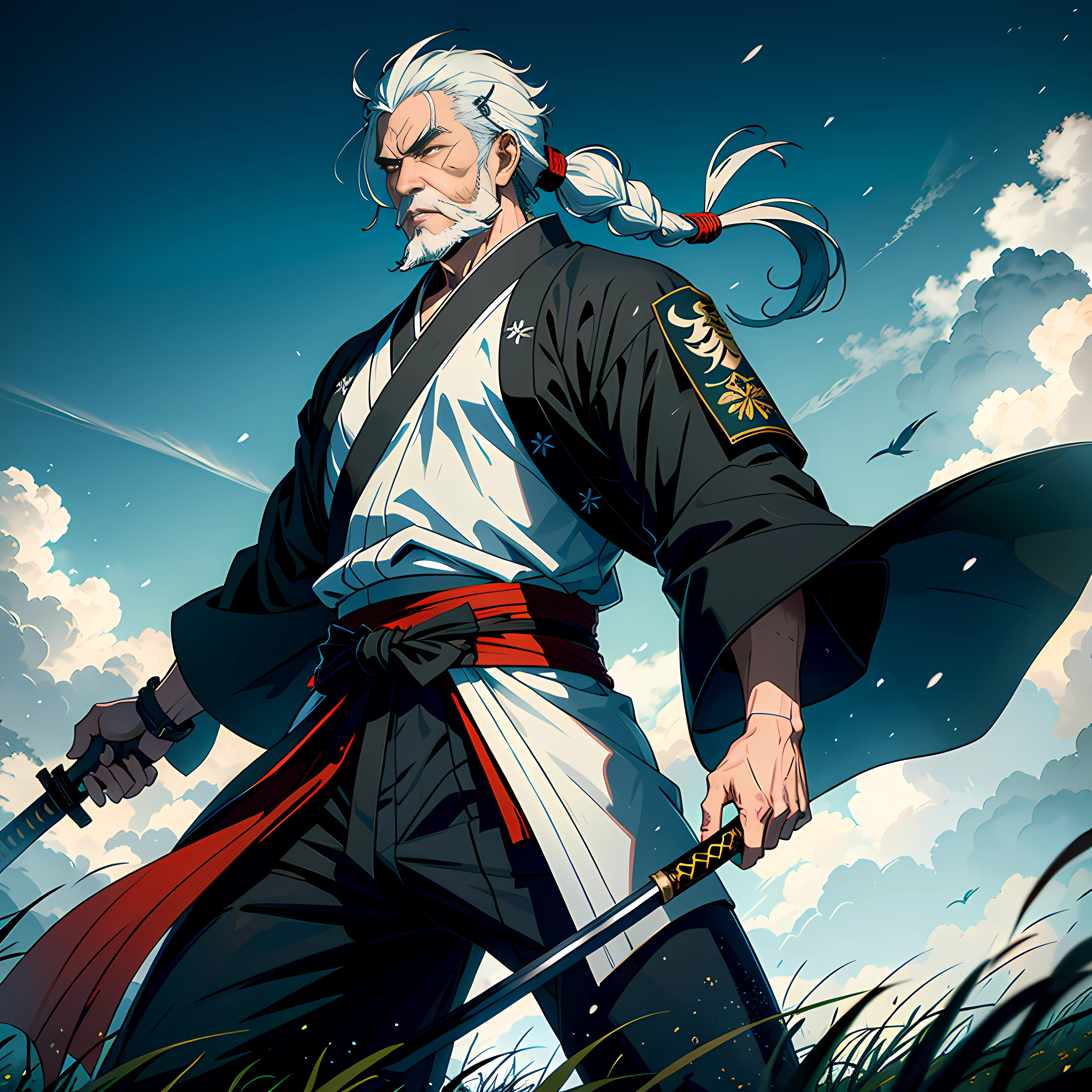 The Sword Saint Ichigami is a legendary warrior，Also the founder of the Ashina clan。He is an old man with white hair and a beard，Wears a blue kimono with a black pattern and a white cape。He carried a katana and a spear。He also had a gun hidden in his sleeve。 He waited for Guan Lang on the big grass，He fought his grandson Genichiro Ashina for the first time。The fields were littered with blood and the bodies of soldiers killed in battle。The sky was dark，storming，Occasional lightning。Isshin appears from Genichiro's body after sacrificing himself to use the Black Mortal Blade to resurrect Genichiro。He respects Guan Lang as a worthy opponent，And challenge him to a final duel for Ashina's fate。 themoon， Dark theme， optic， fanciful，depth of fields，blur backgroun