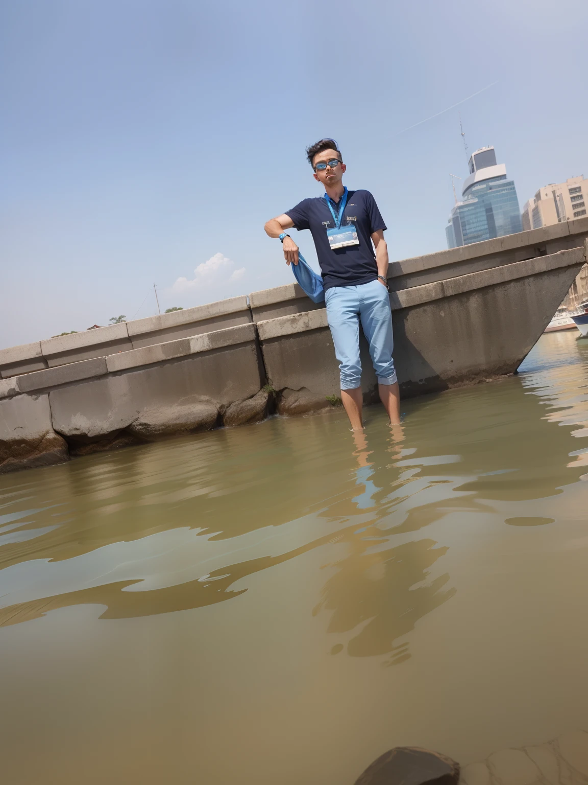 Background change smart man with blue water