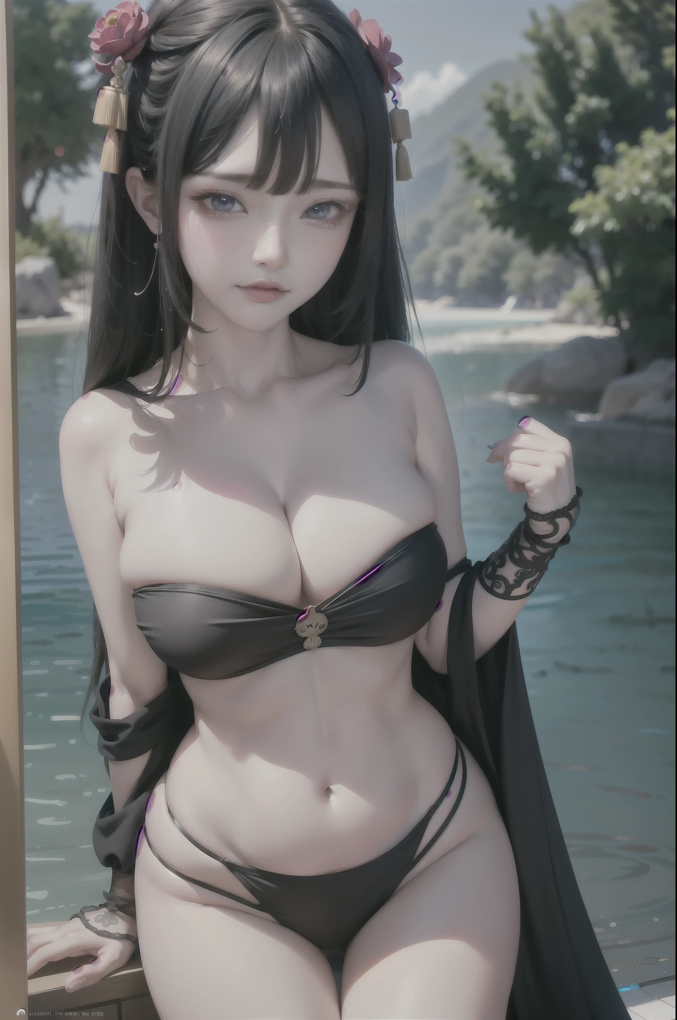 masterpiece, best quality, 1girl, aqua eyes, black hair, closed mouth, multicolored background, looking at viewer, outdoors, solo, upper body, alluring, clean, beautiful face, pure face, pale skin, sexy pose,((tube top, off shoulder, navel, shorts)), long hair, ((perfect female figure)), mature female, milf, narrow waist, chinese deity, seductive, highly detailed,best quality, masterpiece, highres, original, extremely detailed 8K wallpaper,masterpiece, best quality, illustration, beautifully detailed eyes, cinematic lighting,