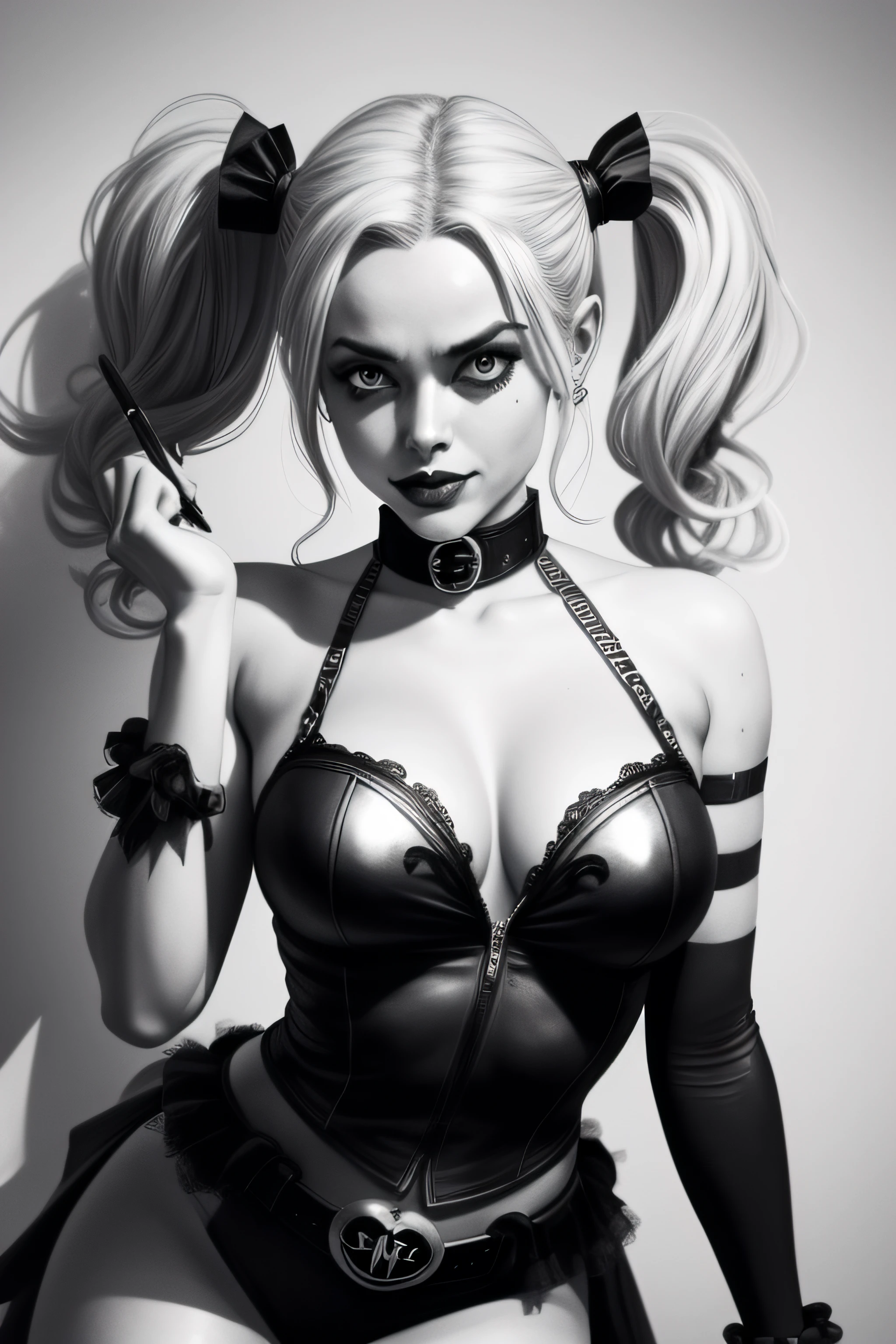 harley quinn, dynamic pose , Grisaille Gothic art, Pencil etchin