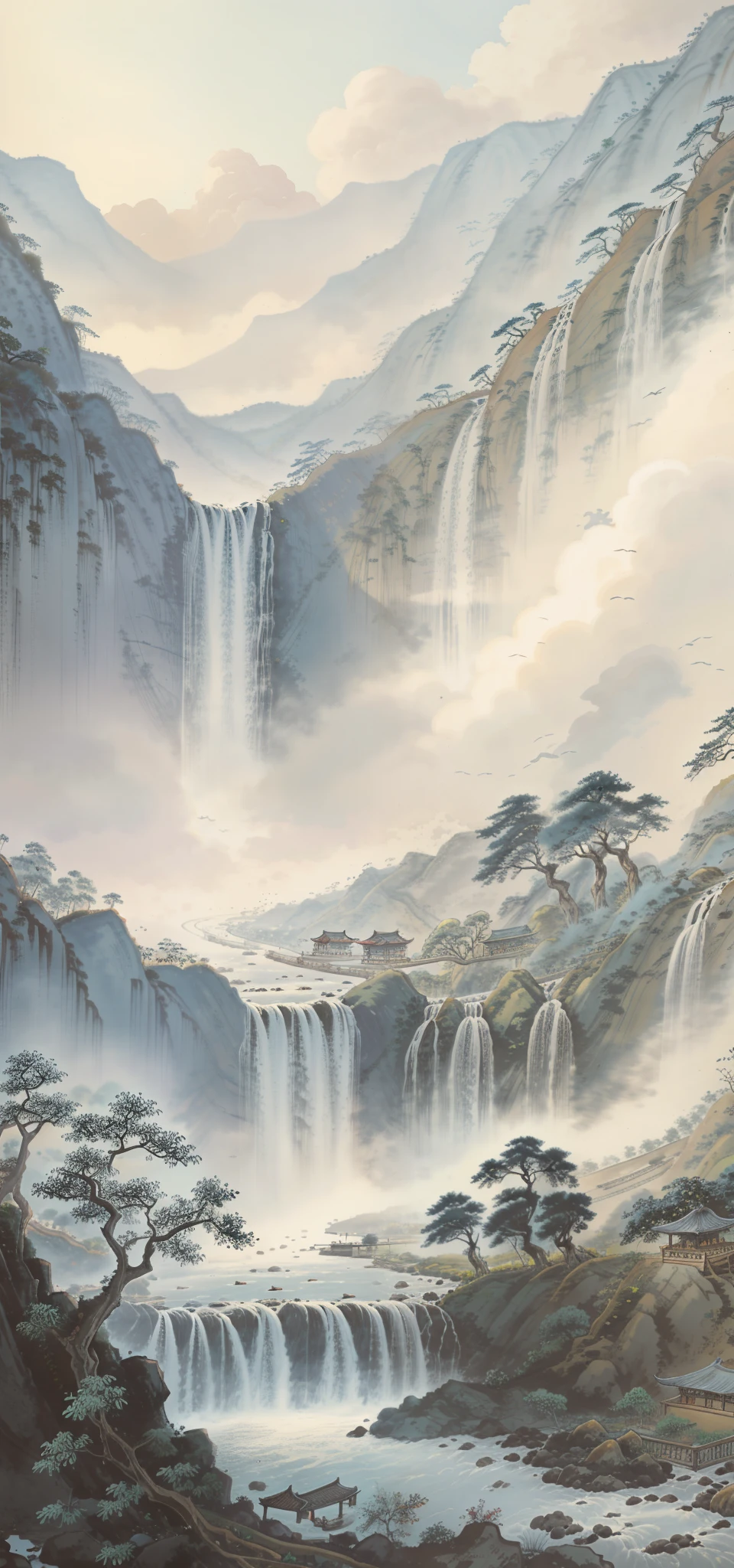 Chinese landscape painting,big trees,Stone waterfall,flowingwater,Far Tree,weeds,small boats,jetty,Sky blank clouds,Five or six farmhouses